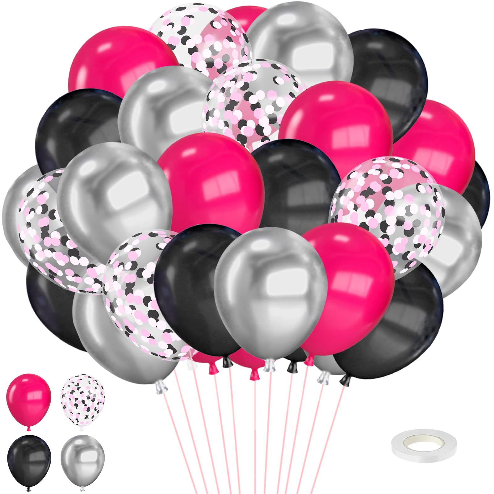 Luftballons Dunkelrosa Schwarz Silber, 50 Stück 12 Zoll Latex Ballons Set, Rosa Schwarz Rosa Latexballons Mit Konfetti Party Geburtstag Latexballons für Hochzeit Baby Shower Feier Deko Balon(Farbe-E)