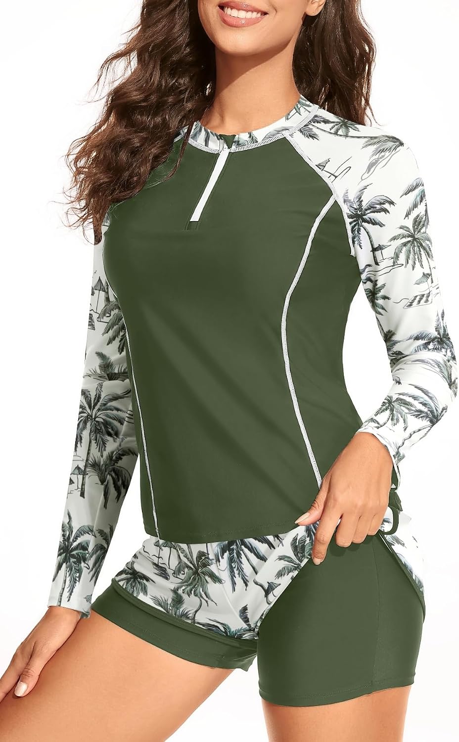 Long Sleeve Rash Guard for Women - 2 Piece Swimsuit with Shorts Zip Up Swim Shirt with Built-in Bra