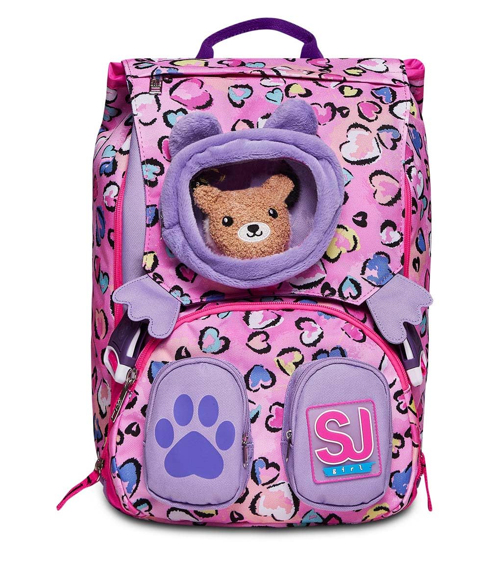 Expandable School Backpack BIG - FLEECY GIRL - Teddy Bear - Elementary School - Girl, Rebel Pink, Taglia unica, Extendable