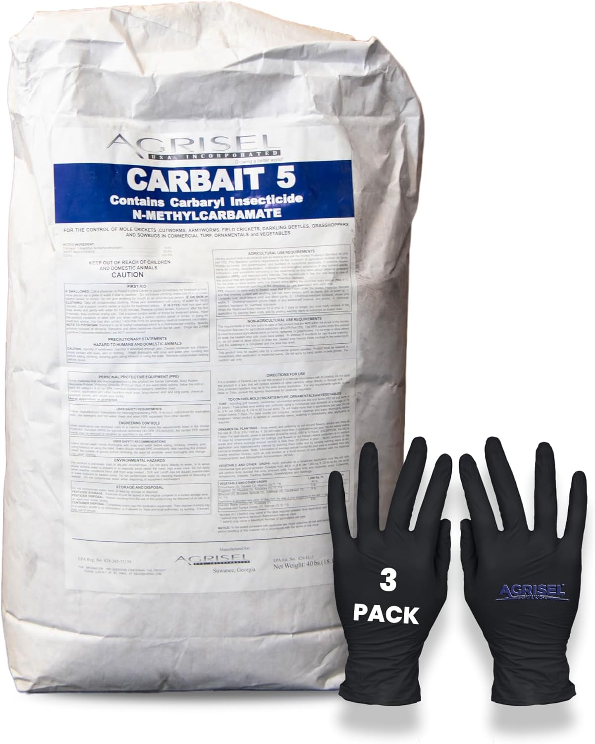 Carbait 5 Insect & Pest Control, Residential & Commerical Usage, Covers 2 Acres, Fights Ants, Wasps, & More, Oudoor Use Only, Includes 3-Pack of Agrisel Protective Gloves, 40 lb Bag