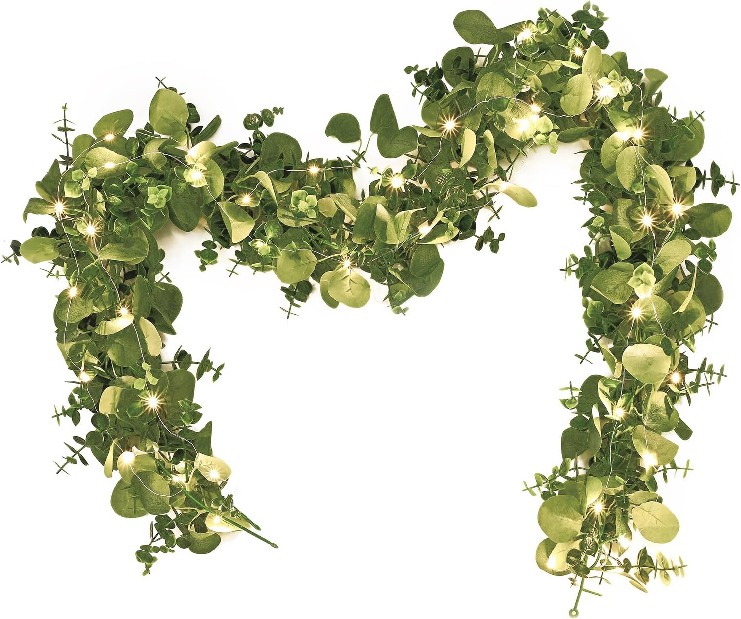 Dolicer 2 Packs 6FT Artificial Eucalyptus Garland with LED Light String, Faux Greenery Garland Hanging Fake Silver Dollar Eucalyptus Leaves Vines for Wedding Backdrop Arch Table Wall Party Home Decor Grey Green With Light 2 Packs