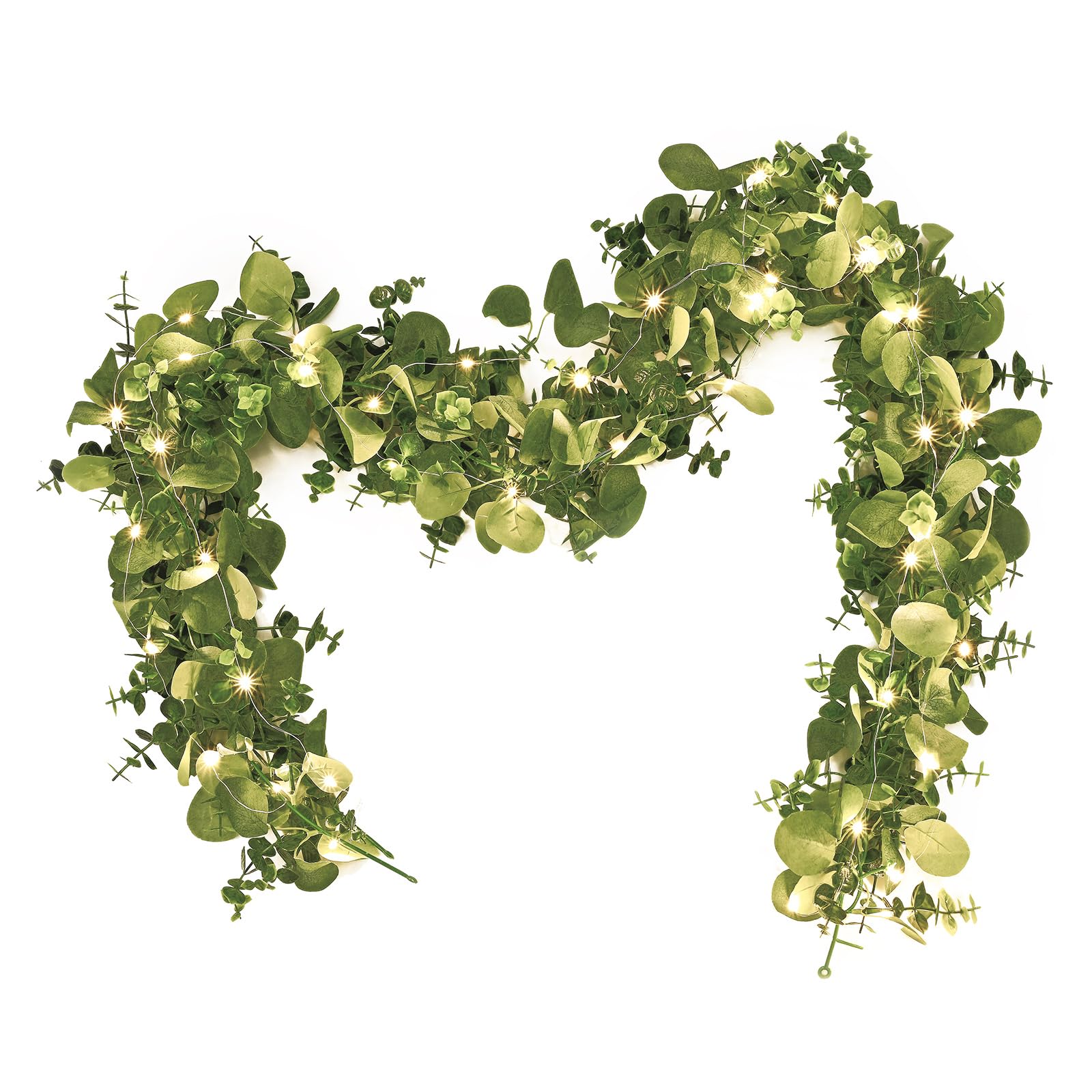 Dolicer Lot de 2 guirlandes d'eucalyptus artificielles de 1,8 m avec guirlande lumineuse à DEL, fausses guirlandes de verdure à suspendre, fausses feuilles d'eucalyptus argentées pour toile de fond de