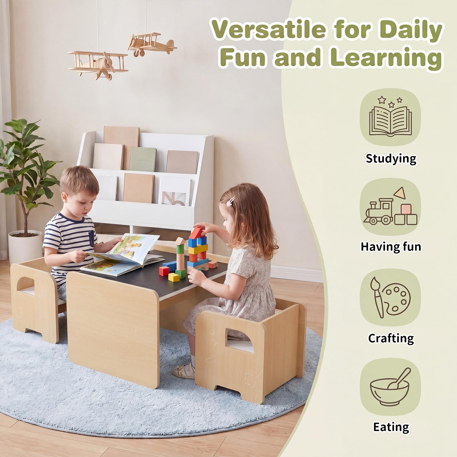 LIFEZEAL Set aus Tisch und Stühlen für Kinder, 3-teilig (Natur)