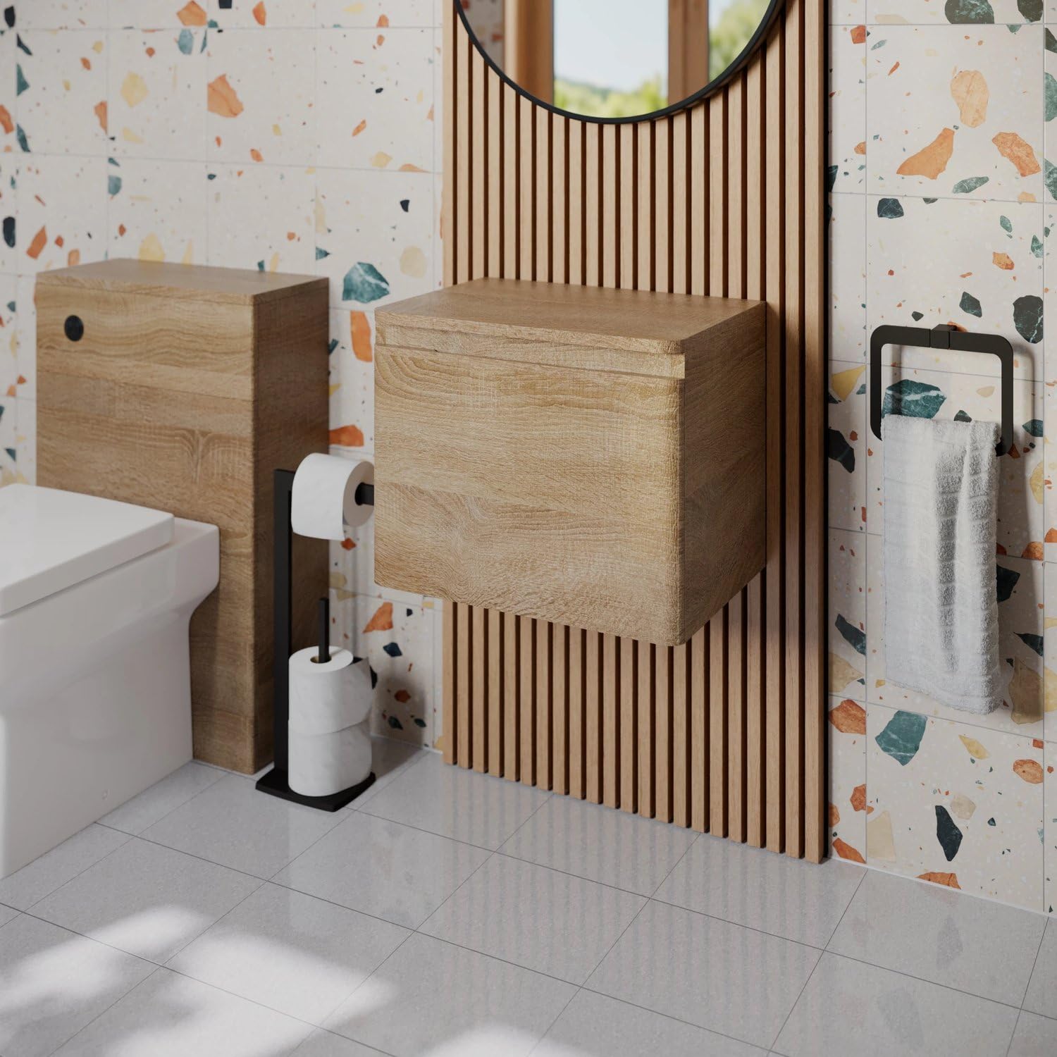 Affine® Forma 500mm Bathroom Vanity Unit Wall Mounted Storage Cabinet Cupboard Furniture Cloakroom, Soft Close Drawer, Oak Wood Effect, No Basin