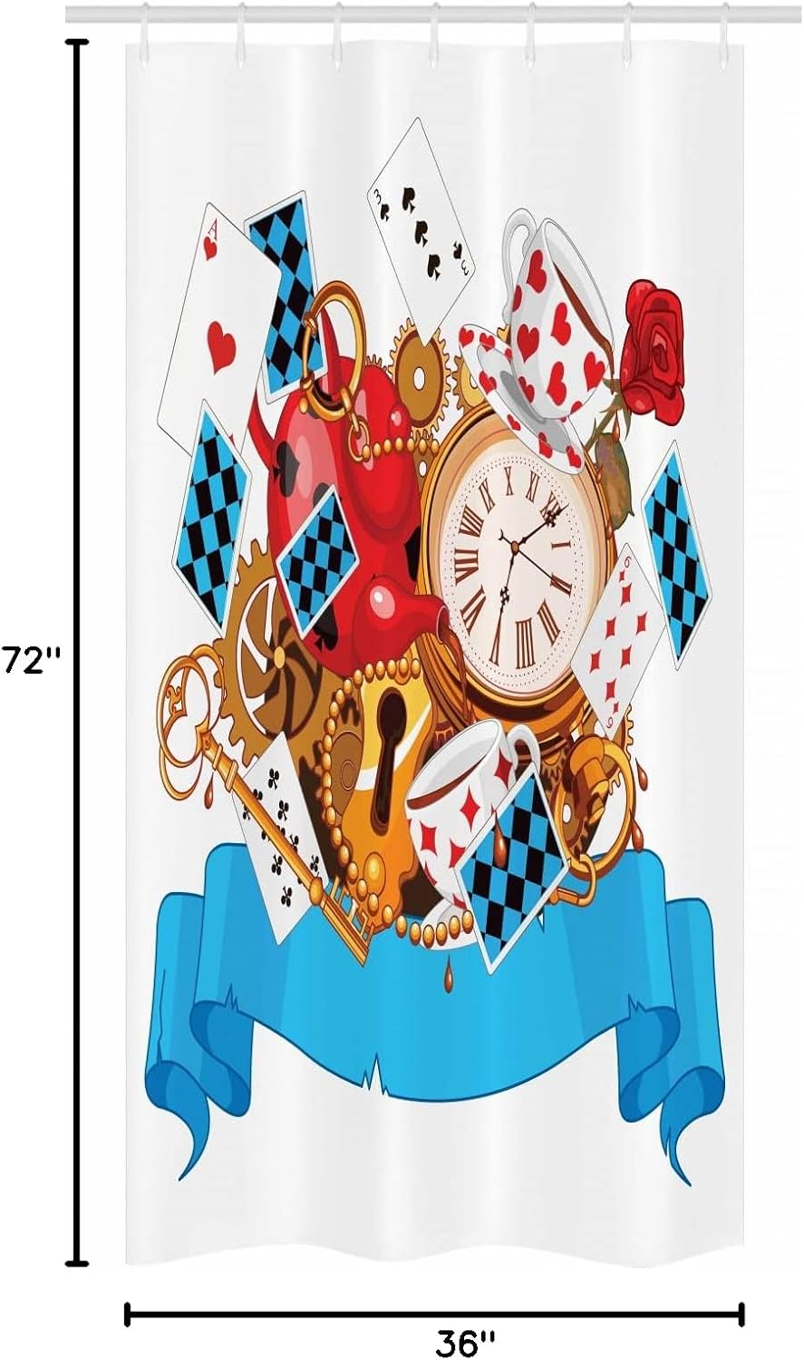 Ambesonne Alice in Wonderland Stall Shower Curtain, Mad Design of Cards Clocks Tea Pots Keys Flowers Fantasy World Art, Fabric Bathroom Decor Set with Hooks, 36" W x 72" L, Soft Blue Red White