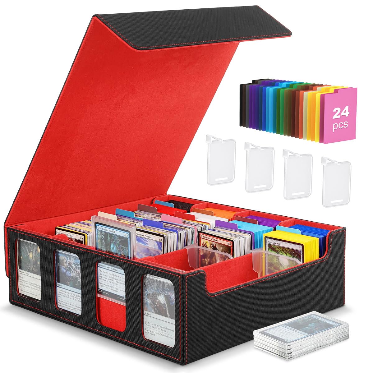 MoKo Card Storage Box for Trading Cards, 3000+ MTG Deck Box with 24 Colorful Dividers & 4 Card Supporters, Commander Card Deck Case with Display Window, Fits for Magic Game Cards, YugiOh, Black Red