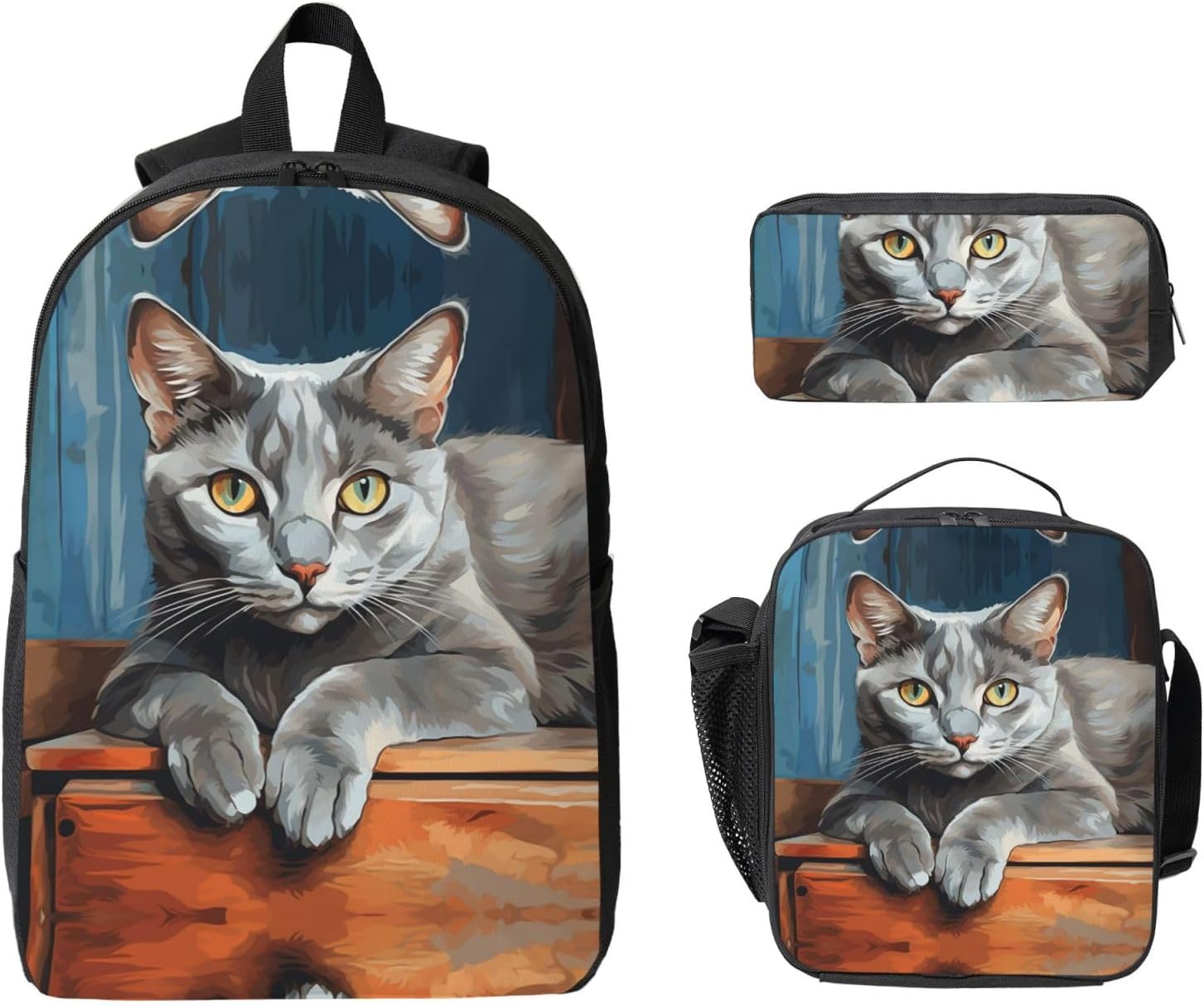 Light Gray Cat Backpack Set 3 PCS - 17 Inch Laptop Backpack with Lunch Bag, Waterproof Daypack Insulated Lunch Box Large Capacity Coin Pouch Personalized Gift image 2