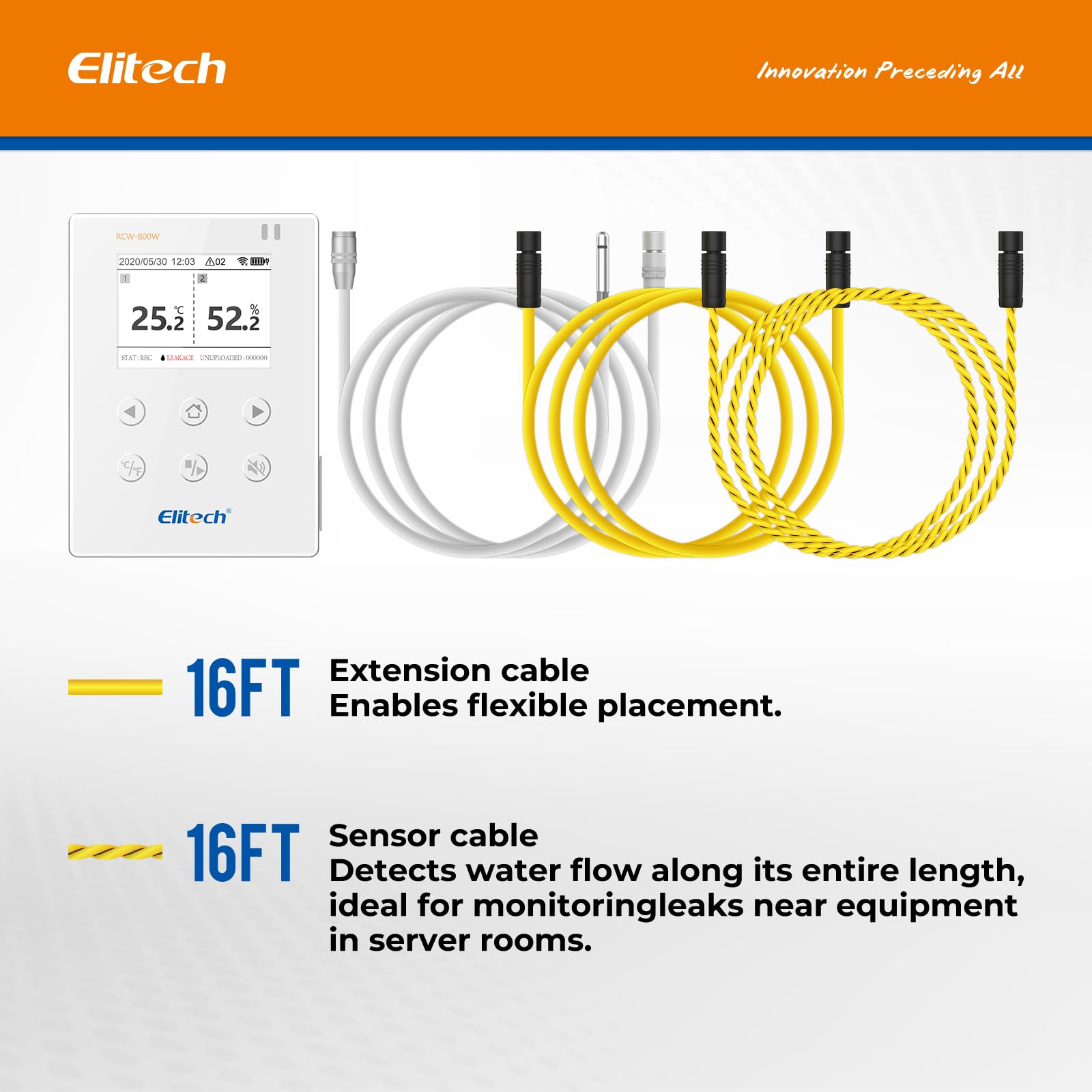 Elitech Registrador de datos WiFi en tiempo real de 2,4 G/5 G Hz para temperatura y humedad con detector de fugas de agua, almacenamiento de datos en la nube, alarmas SMS/correo electrónico/aplicación