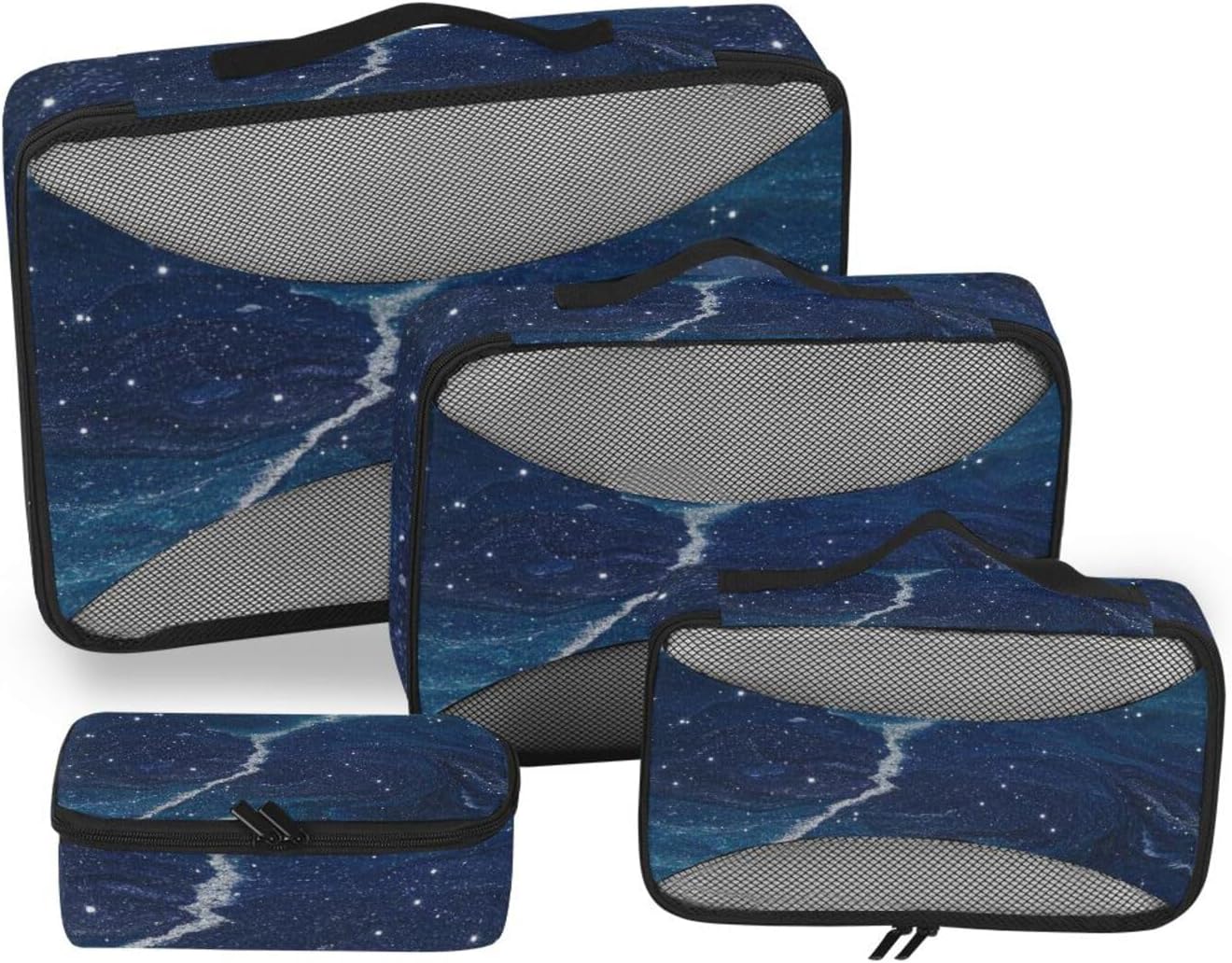 Fake Glitter Marble Grain Blue Universe 4 Pcs set organizers for travel Mesh Travel Essentials lightweight travel cubes for packing