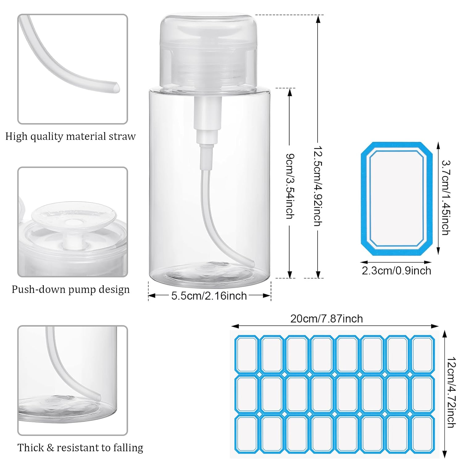 Zhehao 24 Pcs Push Down Pump Dispenser Nail Polish Remover Pump Lockable Empty Bottle Refillable Clear Cosmetic Container with Label for Liquid Acetone Nail Polish and Makeup Remover, 6.8 oz/ 200 ml