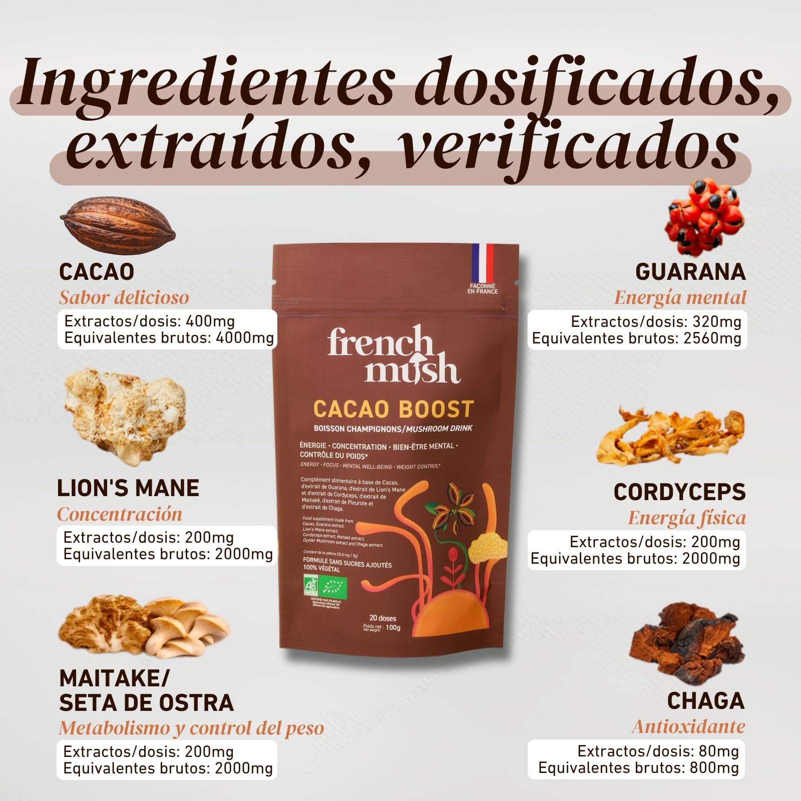 French Mush BOOST Cacao con Hongos Adaptógenos Ecológicos: Lion’s Mane, Cordyceps y Guaraná - Energía, Concentración y Digestión - Alternativa Vegetal al Café Soluble - Fabricado en Francia - 20 Dosis