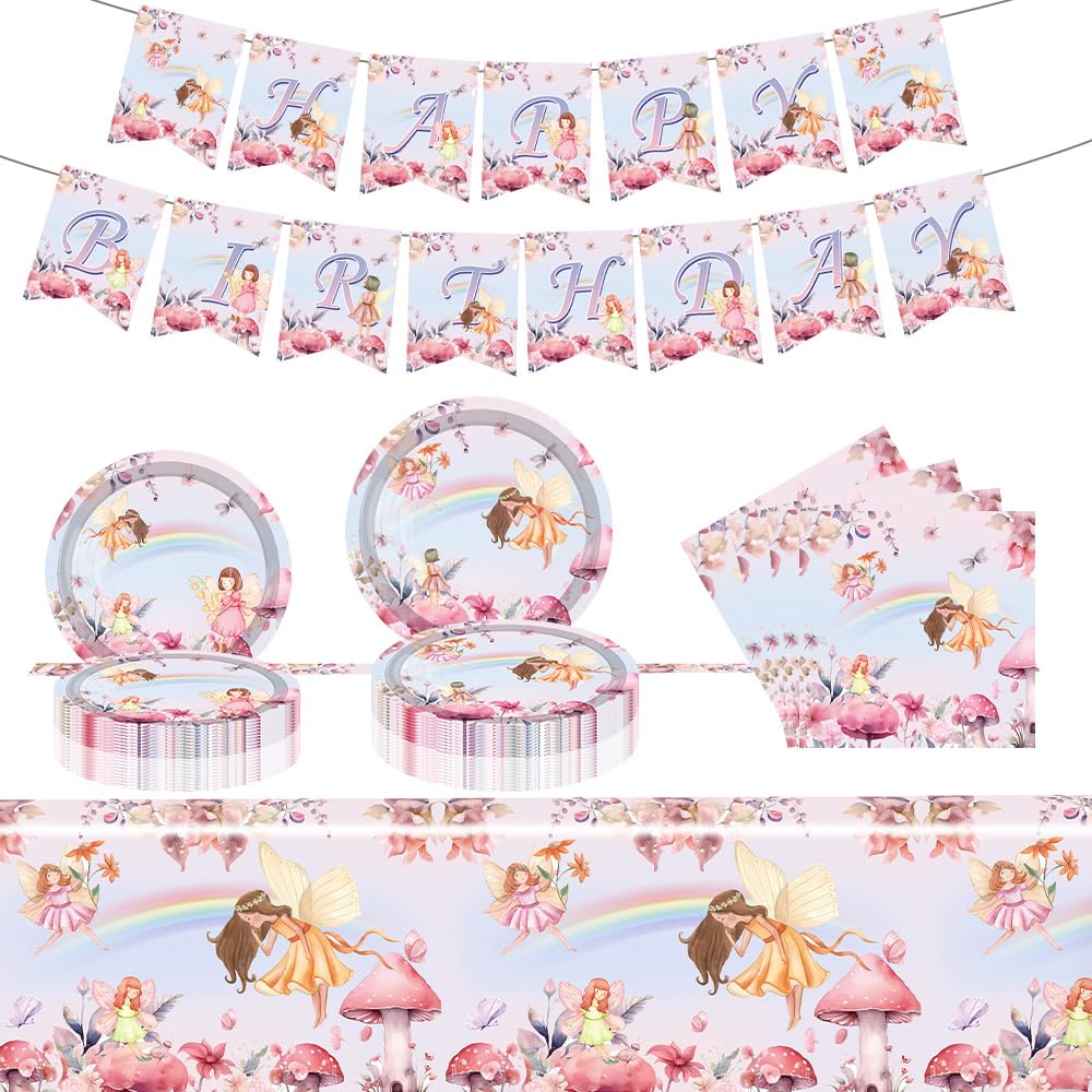 Photo 1 of My Fairy First Birthday Decorations, 1 Happy Birthday Banner, 20 Plates, 20 Napskins and 1 Tablecover, Fairy Party Decorations, Fairy Themed Supplies for Girls Baby Shower Birthday