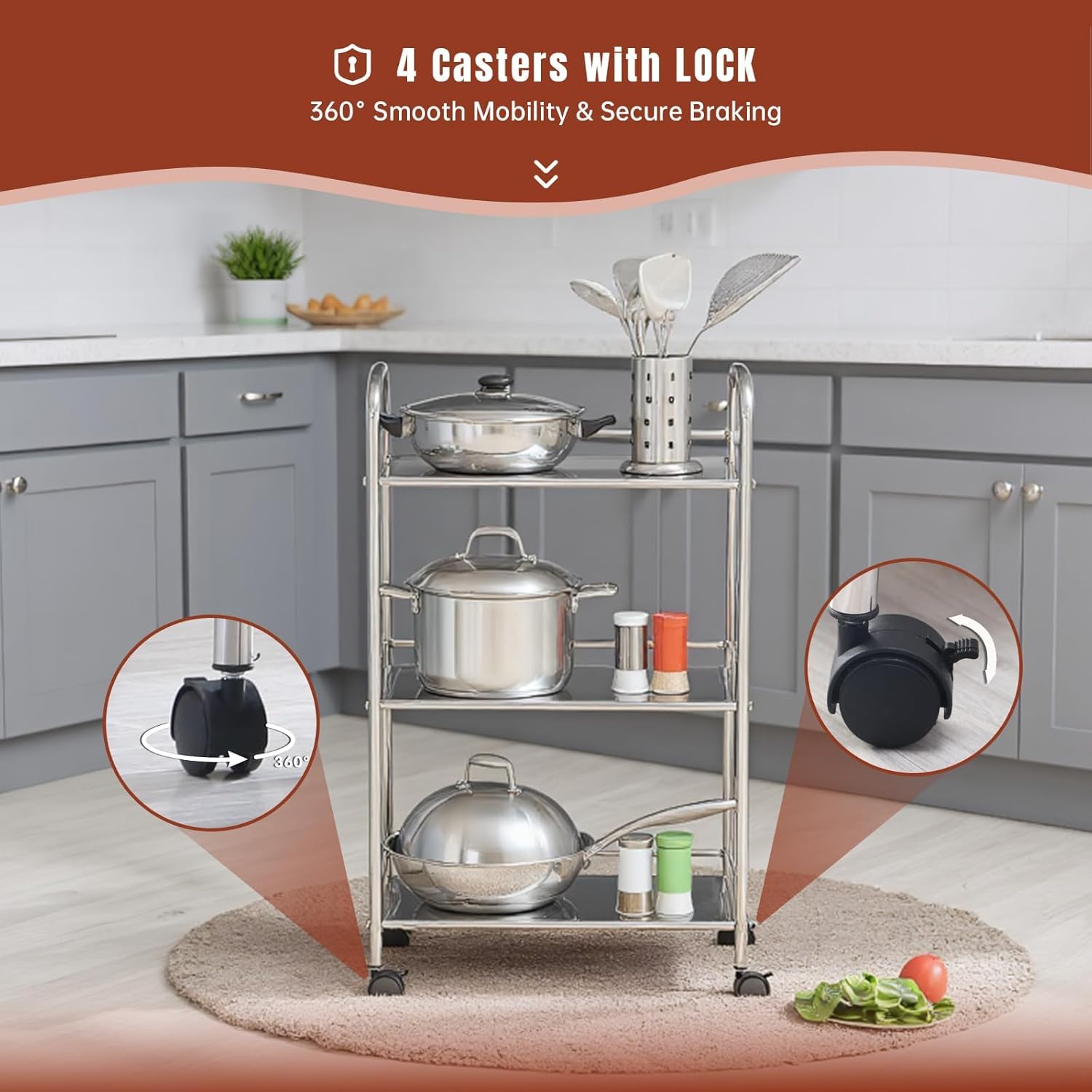 Carro Multifuncional de Acero Inoxidable 201 - Carro Comercial de 3 Niveles con Ruedas Bloqueables | Estantería Industrial para Cocina