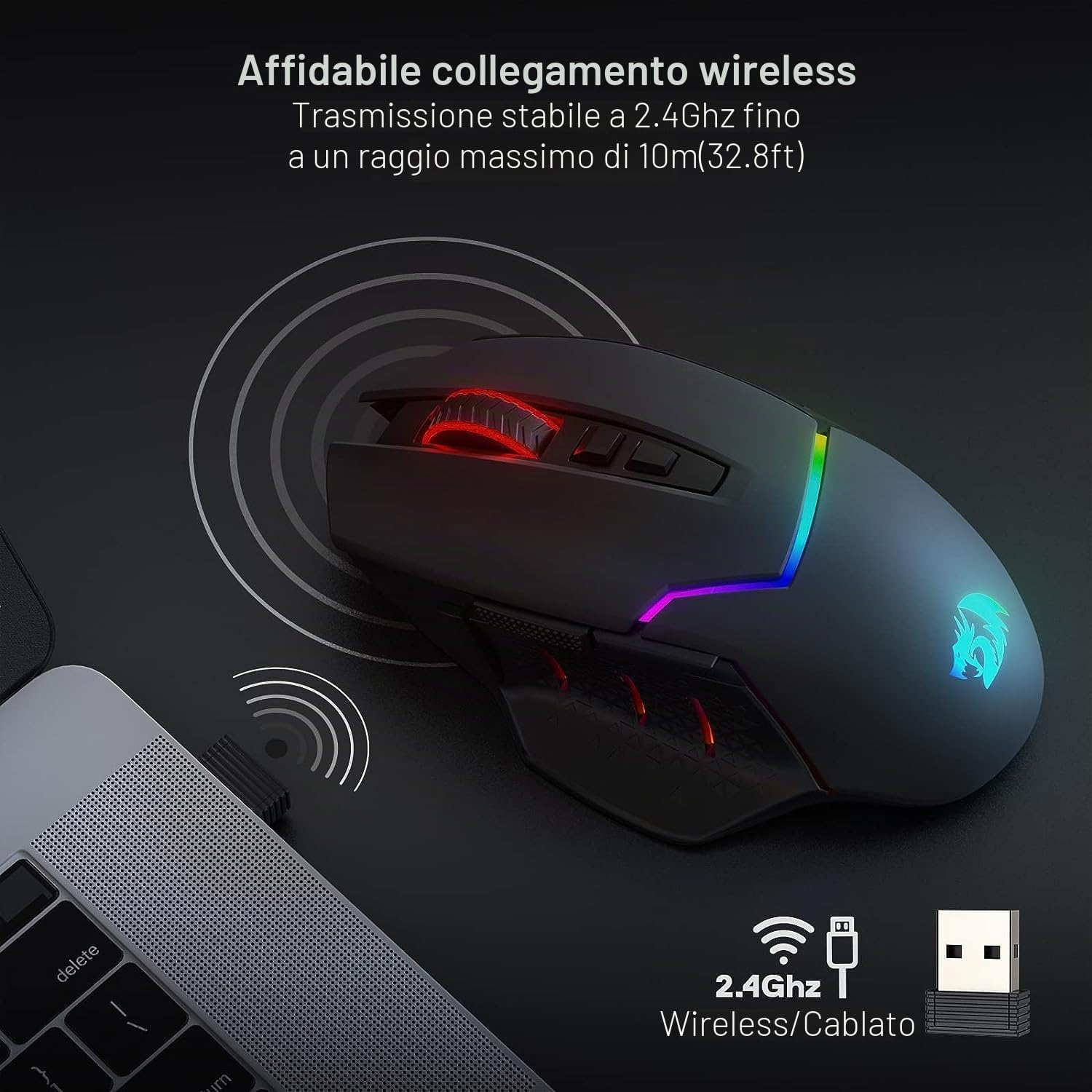 Redragon M690 PRO Mouse Gioco Wireless 8000 DPI Fuoco Rapido | mouse gioco wireless 8000 DPI tasto fuoco rapido 8 pulsanti macro design ergonomico PC Mac laptop nero