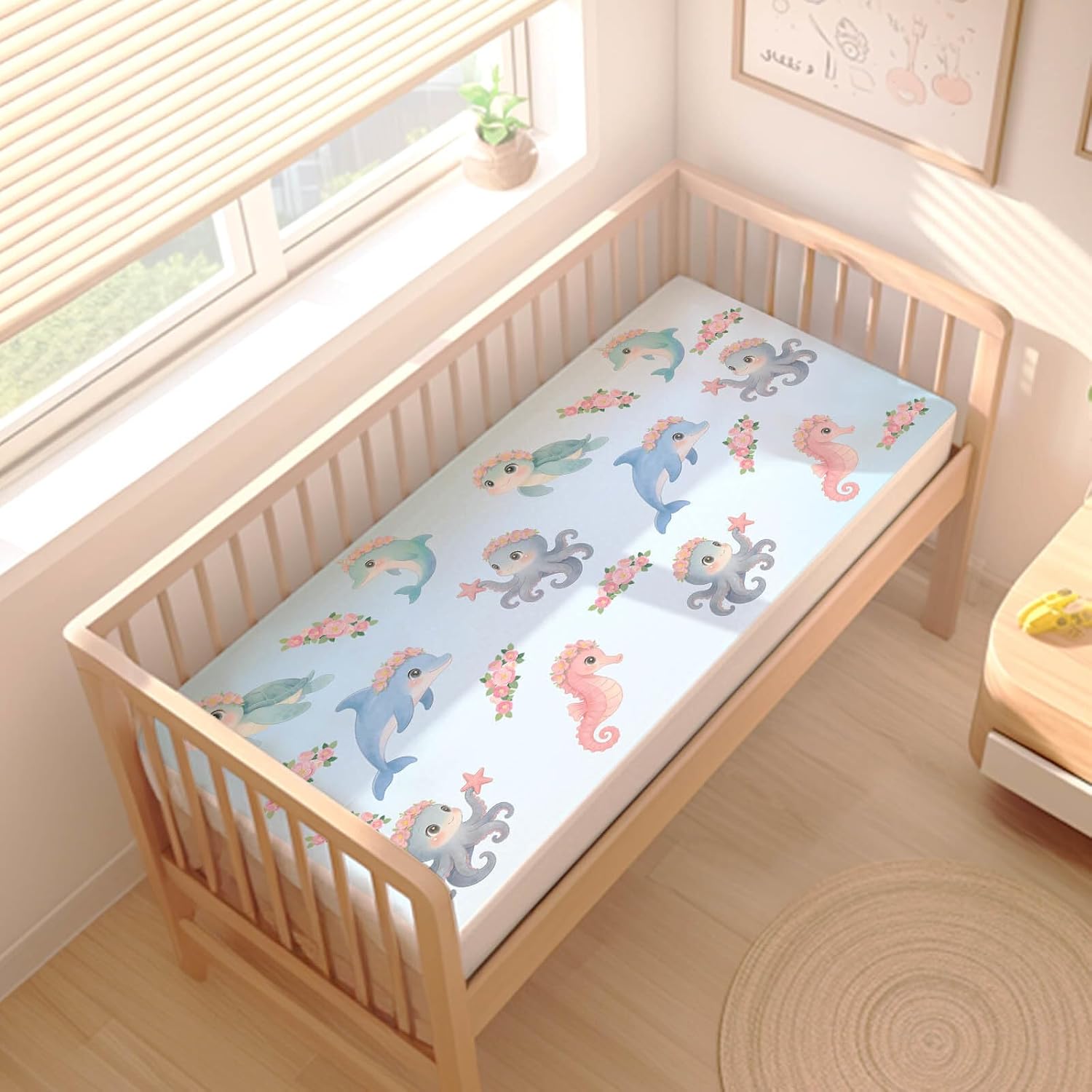 Personalized Baby Crib Bedding Set with Name, 3 Piece Girls Ocean Animals Nursery Bedding with Flannel Blanket, Crib Sheet & Pillowcase – Newborn Gift for Boys