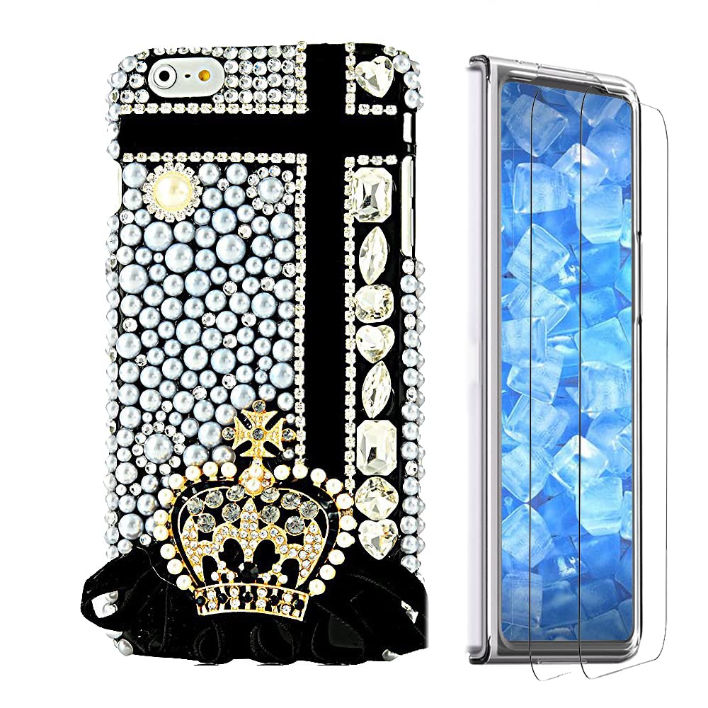 LUZiUN Glitter Phone Case Compatible with Samsung Galaxy Z Fold 3 5G - 3D Luxury Girls Women Shiny Design Handcrafted Cover with Screen Protector (2 Pack Front) - Black Pretty Crown