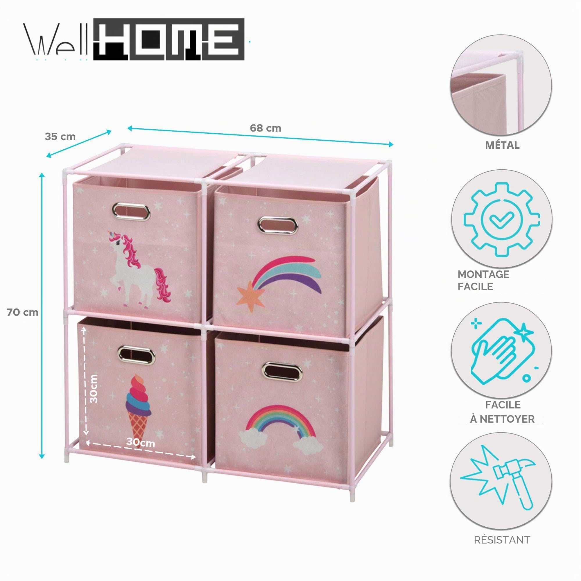 Well Home Commode pour enfant à 4 compartiments avec cadres en métal Rose