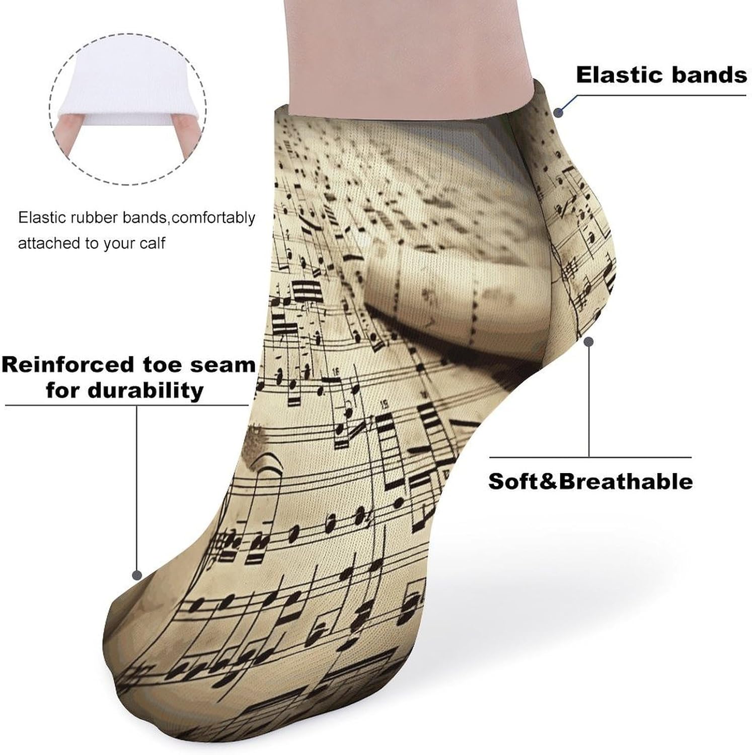Sheet Music Ankle Socks for Men Women 5 Pairs | Comfortable Casual Low Cut Socks, Lightweight No Show Breathable Athletic Socks, Soft Mini Crew Socks for All Seasons