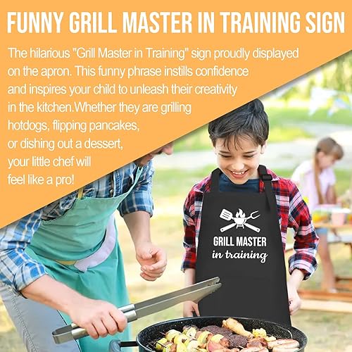 Miniatura 4 de Juego de delantal y sombrero de chef para niños, divertido delantal de entrenamiento con 2 bolsillos para niños y niñas
