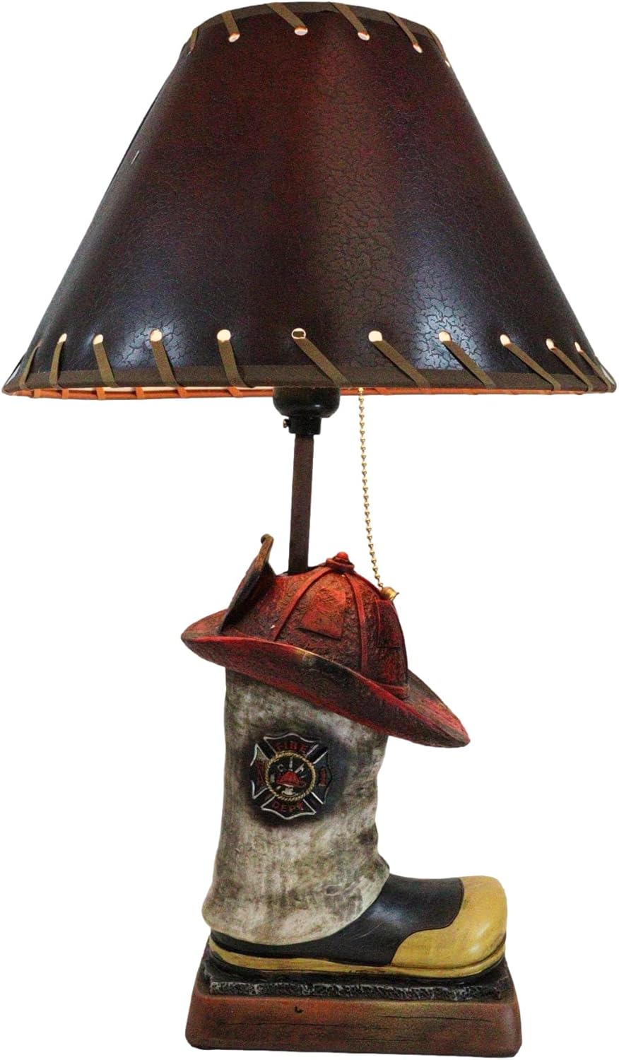 Ebros Gift Patriotic American Hero Fire Fighters Fireman Tan Black and Yellow Boots with Red Helmet Desktop Table Lamp with Brown Faux Leather Laced Shade Fire Department 911 Home Decor Accent