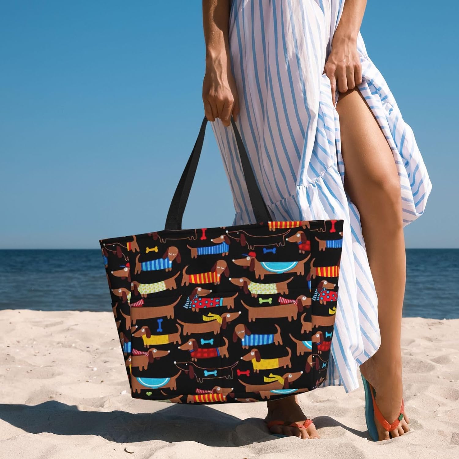 I Love My Dog Dachshunds Print Large Capacity Beach Travel Bags with Zipper and Pockets for Travel Vacation Fitness