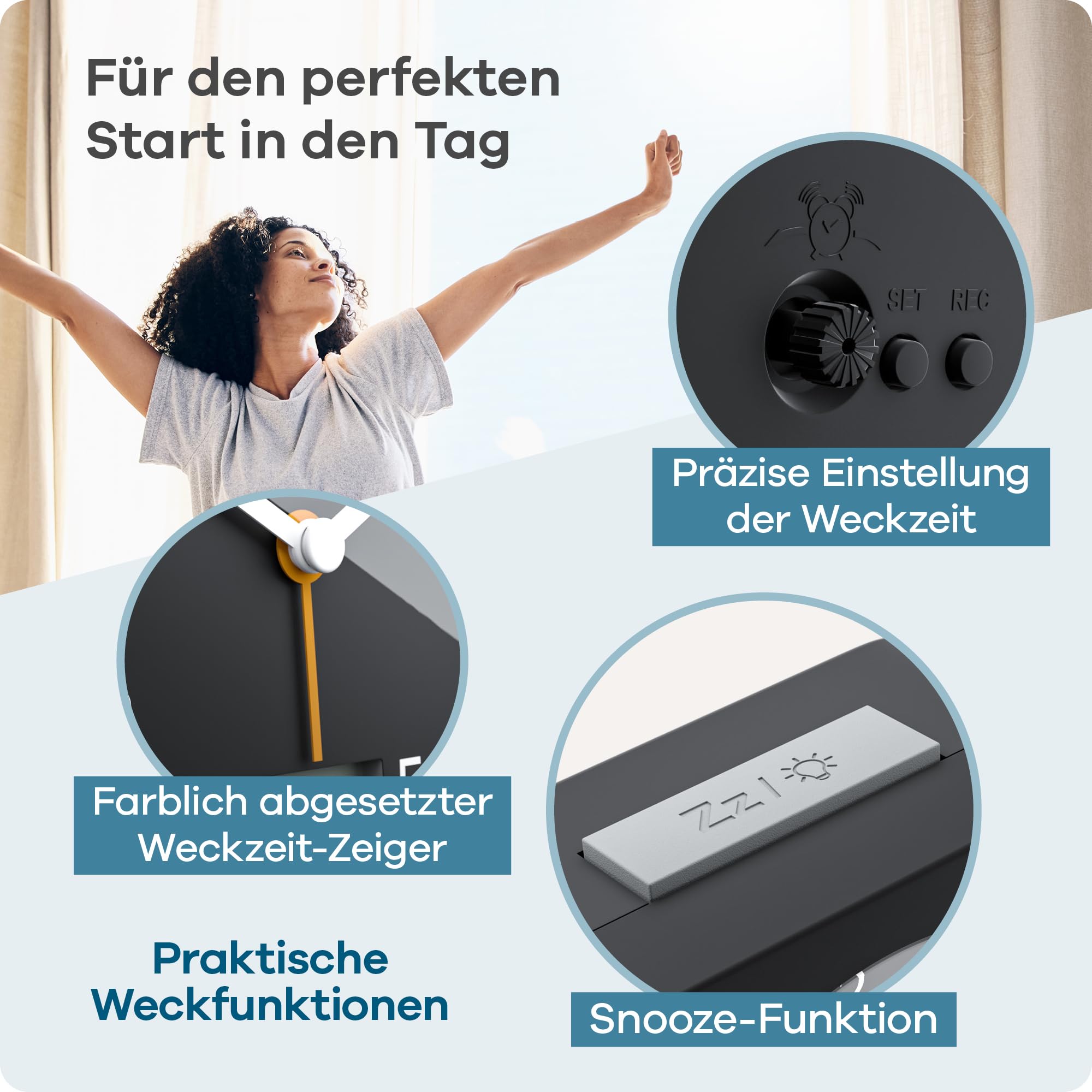 MEBUS Funk-Wecker mit Thermometer/Datumsanzeige, Schlummerfunktion, großes Display/Quadratisch/Hintergrundbeleuchtung/Farbe: Schwarz/Modell: 25609