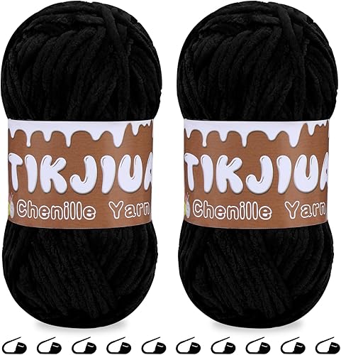 Tikjiua Hilo de felpilla negro de 7 onzas para ganchillo, hilo grueso de felpilla con marcadores de costura, hilo de felpilla grueso para bufanda,