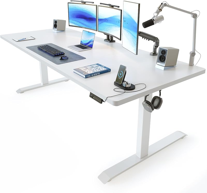 71 x 37 Inch Electric Standing Desk with Integrated Dual-Beam & Cable Management, Memory Height Adjustable Computer Desk for Home Office Workstation, 1" Thick Large 3-Piece Tabletop White