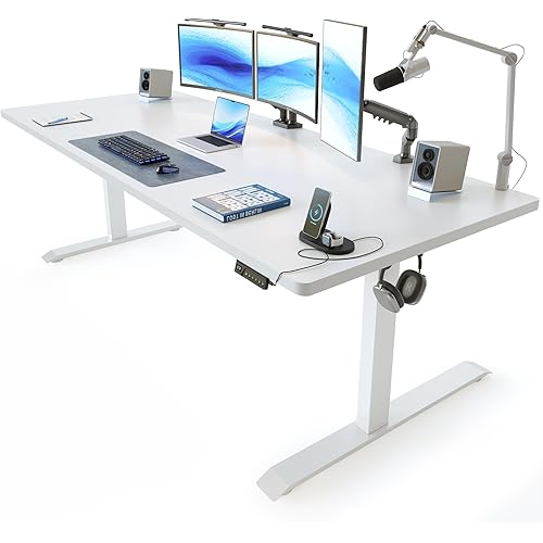 FEZIBO 71 x 37 Inch Electric Standing Desk with Integrated Dual-Beam, Height Adjustable Computer Desk for Home Office Workstation, 1" Thick Large 3-Piece Tabletop White