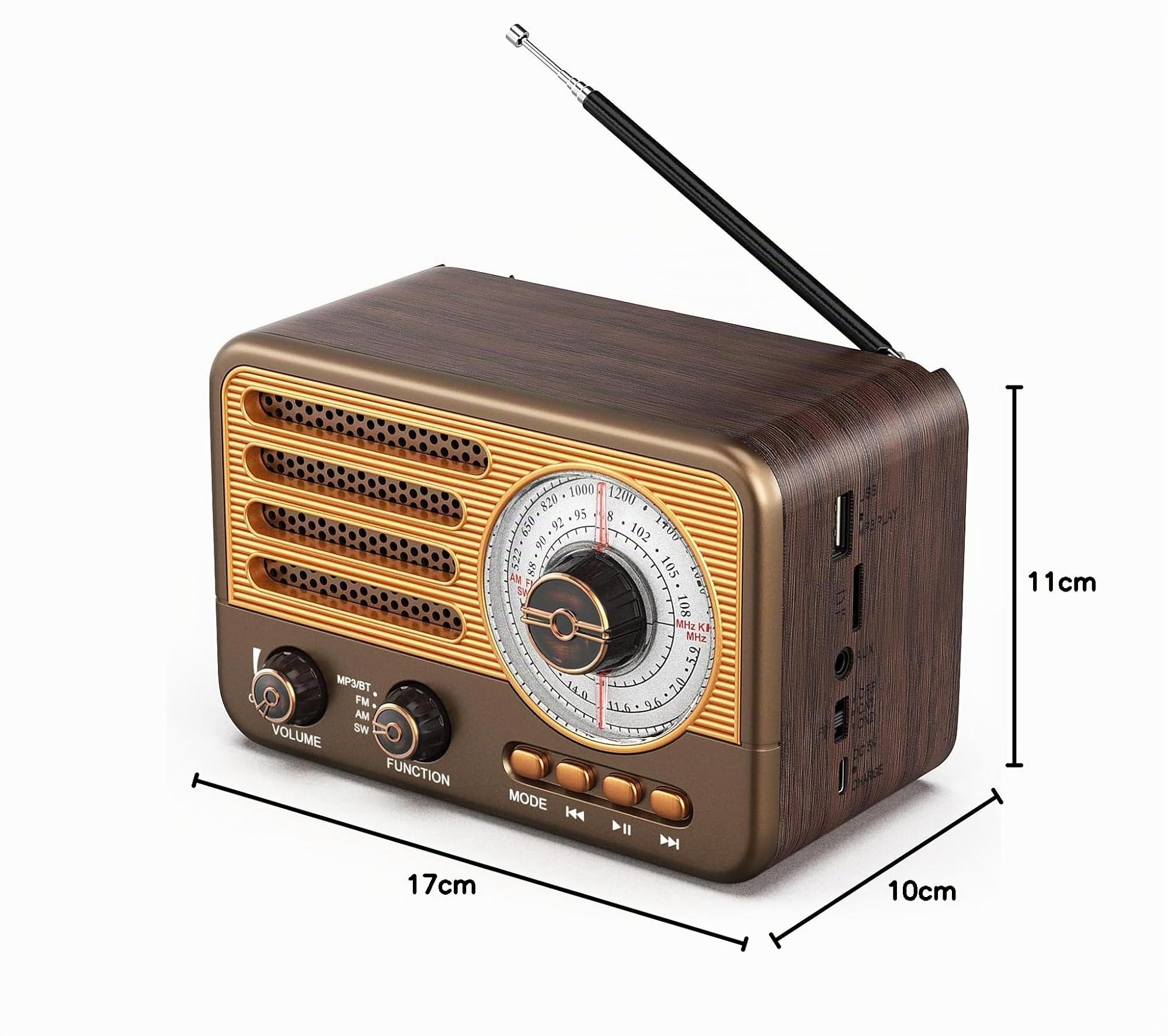 Radio transistor vintage – Style rétro avec gamme moderne, portable, AM/FM/SW, avec USB/TF/AUX MP3 et batterie rechargeable de 1800 mAh