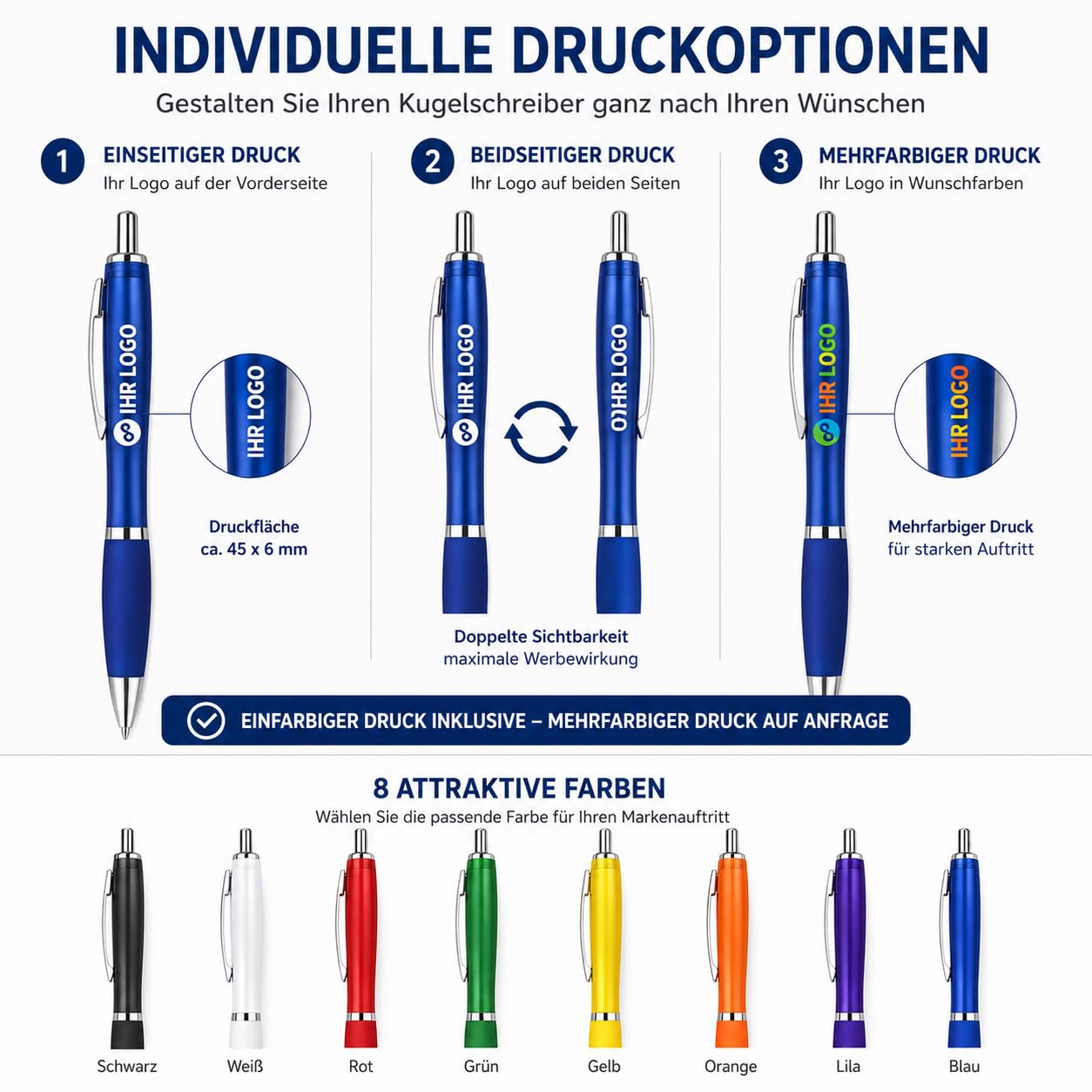 WPRO Kugelschreiber mit Logo 250 Stück, blau schreibend, rot, personalisierte Werbekugelschreiber, einfarbiger Aufdruck inklusive, beidseitig oder mehrfarbig bedruckbar
