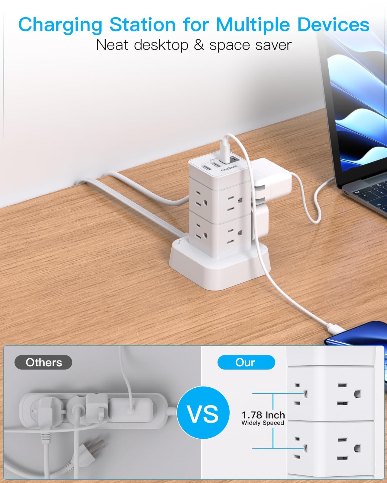 One Beat Tower Surge Protector Power Strip 10 ft,Long Flat Extension Cord with Multiple Outlets,8 AC Outlets with 4 USB Ports,Desktop Charging Station for Multiple Devices,for Home Office College Dorm