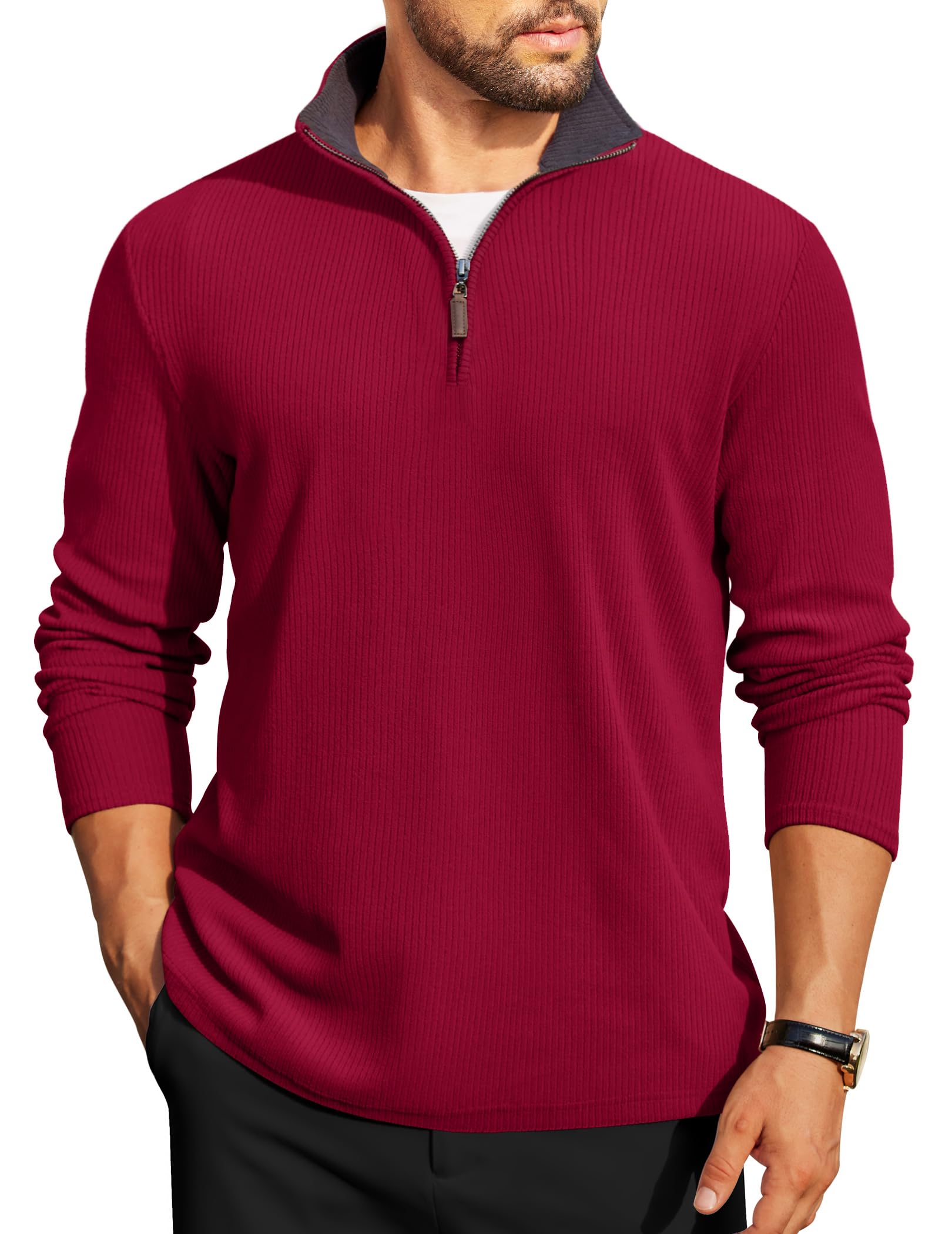 COOFANDY Mens Quarter Zip Pullover Lightweight Sweater Casual Long Sleeve Corduroy Half Zip Sweatshirt