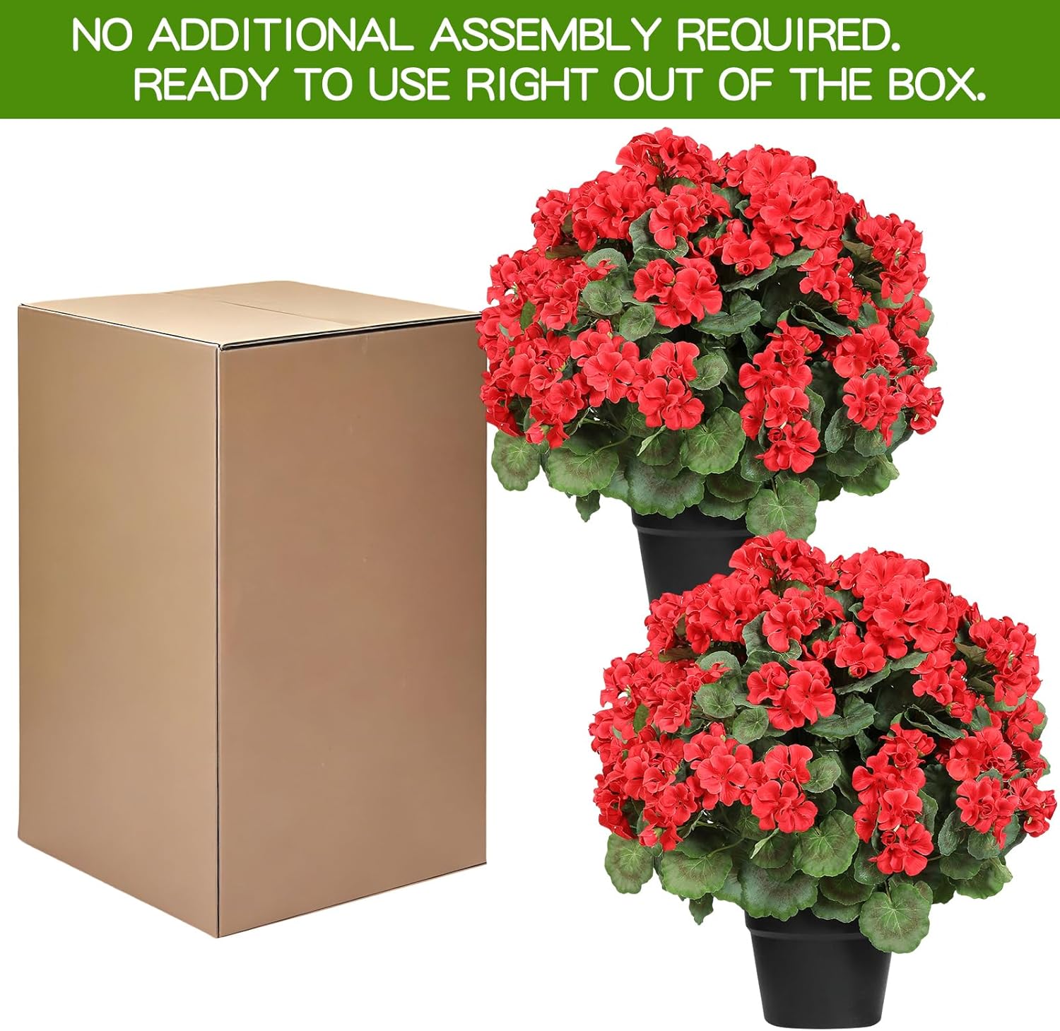 LFF 2Pack Artificial Geraniums for Outdoors Planter, 18" Faux Red Geraniums UV Resistant, Realistic Potted Fake Flowers for Home Decor Porches, Gardens, Patios, Doorways Pot Filler