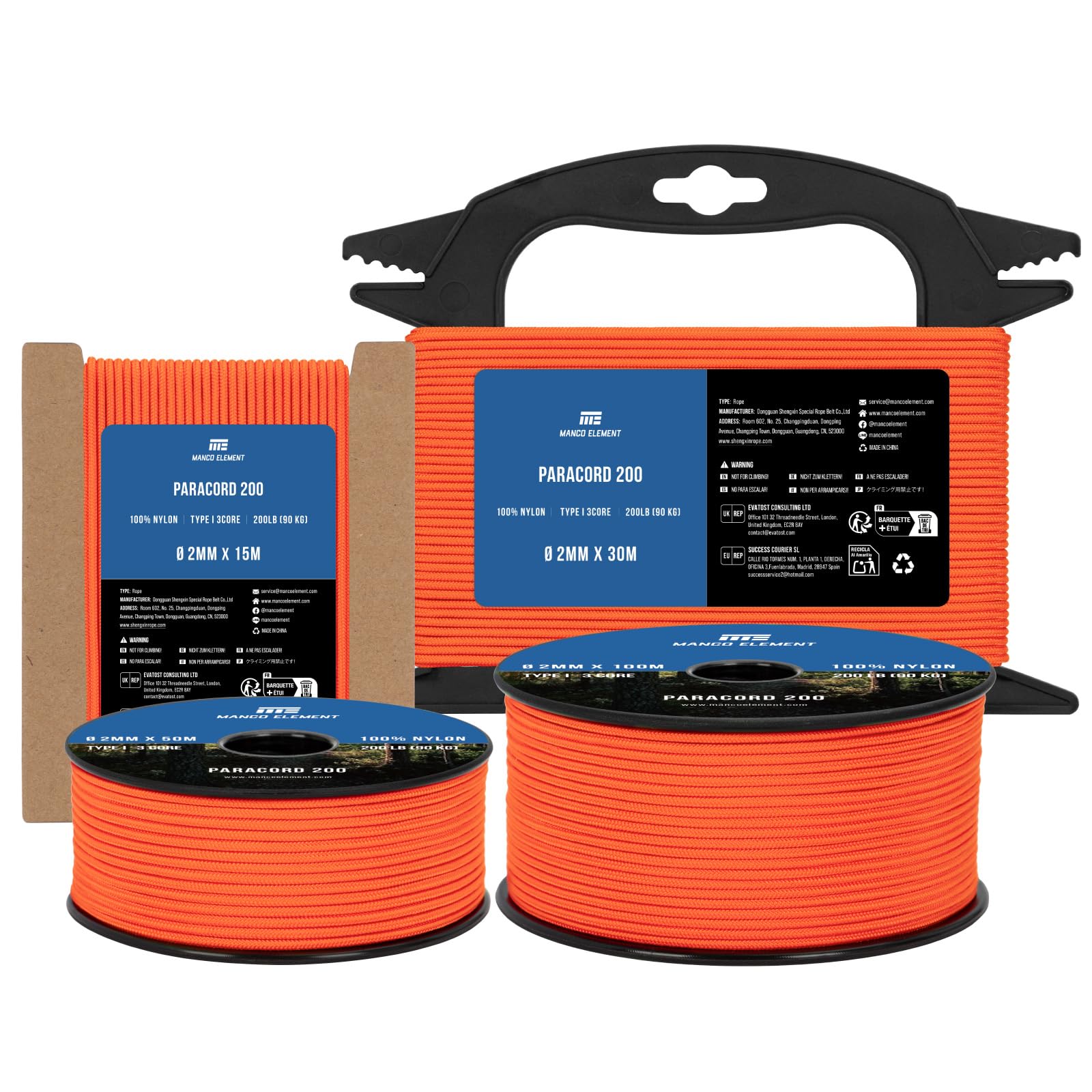 Manco Element Paracord 2mm 15m 3 Strands Type I Orange | 100% Nylon Parachute Cord Rope | 90KG Load Capacity - Ideal for DIY, Crafting, Outdoor, Camping