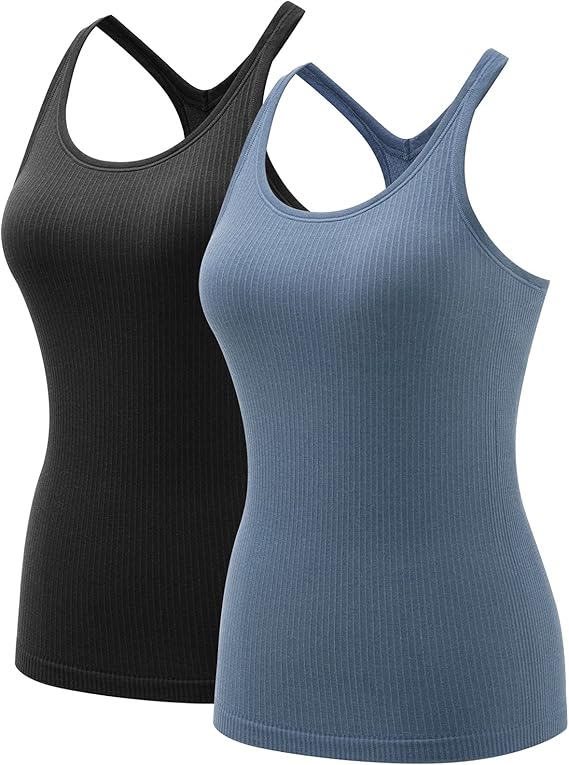 Ribbed Racerback Tank Tops for Women with Built in Bra Fitted Workout