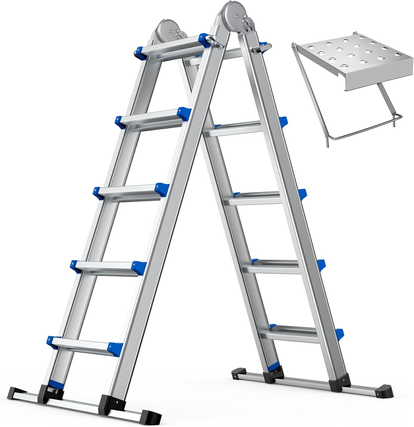 17FT Aluminum Foldabl Extension Ladder - Heavy-Duty A-Frame Adjustable Design for Home & Work, 330lbs Capacity, Retractable System with Safety Lock