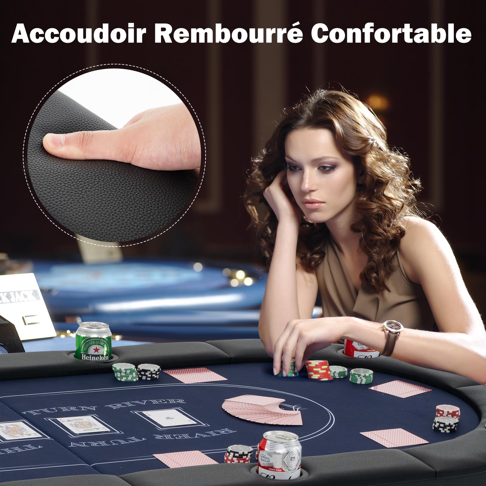 GOPLUS Table de Poker Pliable 8 Joueurs, Table de Jeu de Société 182 cm, 8 Porte-gobelets en Métal, Rampes Rembourrées, Table de Blackjack Texas Hold'em, pour Soirée en Famille (Bleu)