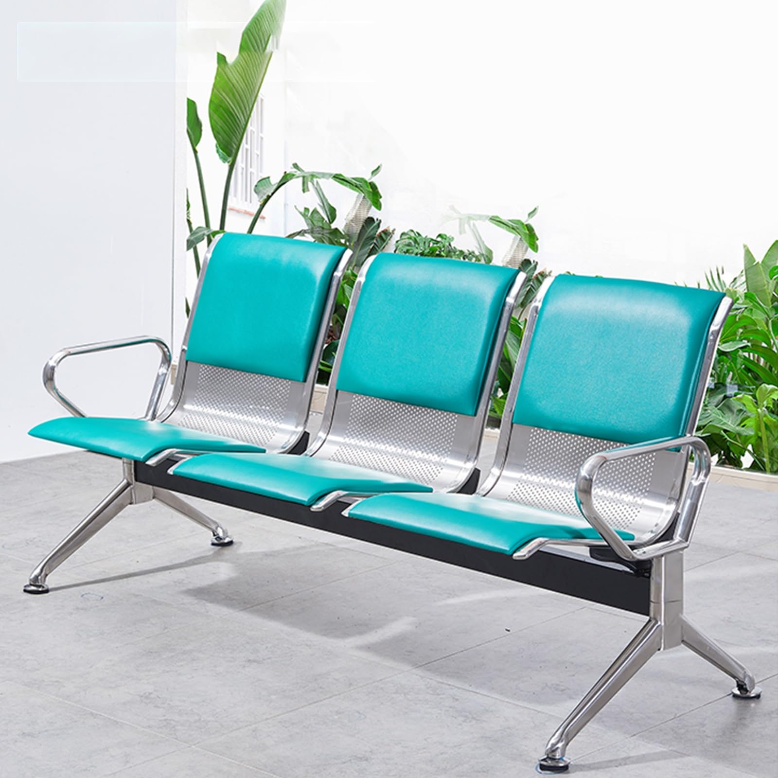 SaryEdge 3-Seat Green PU Leather Bench - Office Chairs with Backrests & Armrests, Ideal for Guests in, Schools, Airports, Reception Areas,