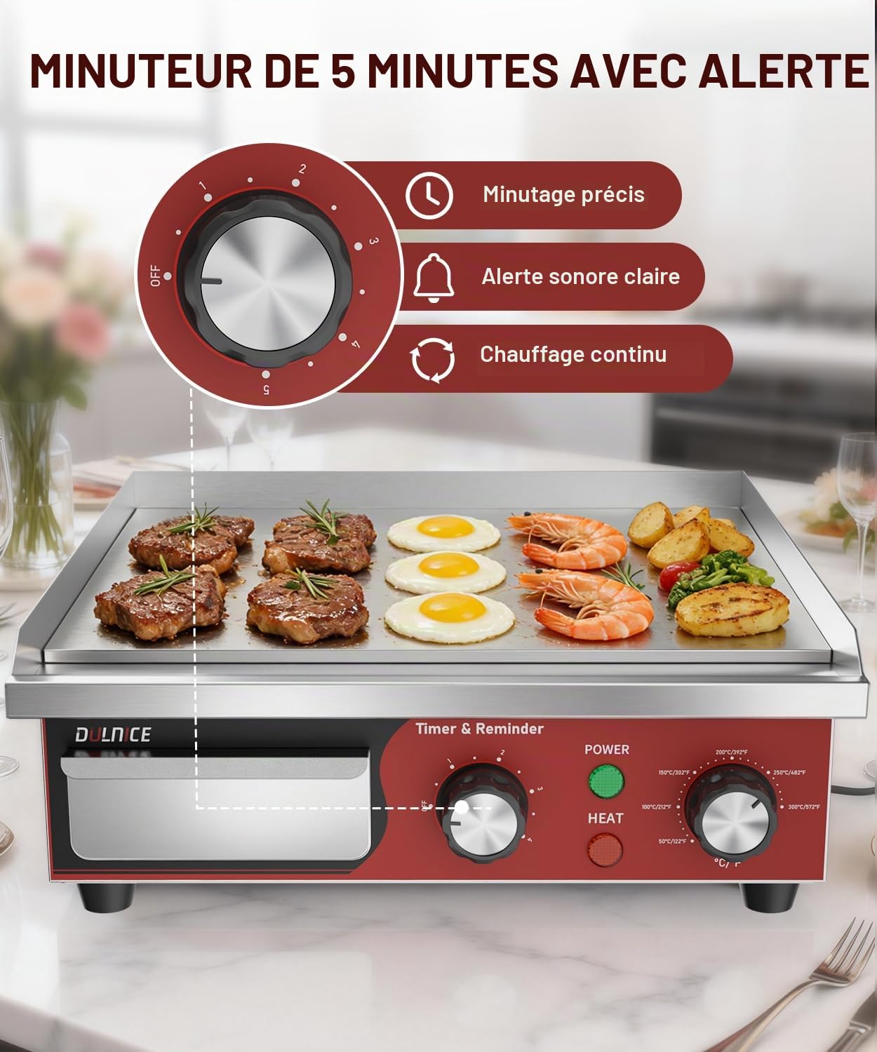 Plancha Électrique Professionnelle Inox 36cm, avec Minuterie 5min | 1700W Commerciale Plancha de Cuisson Grill Électrique, Thermostat Réglable 50-300°C, Grill de Table pour Restaurant et Maison