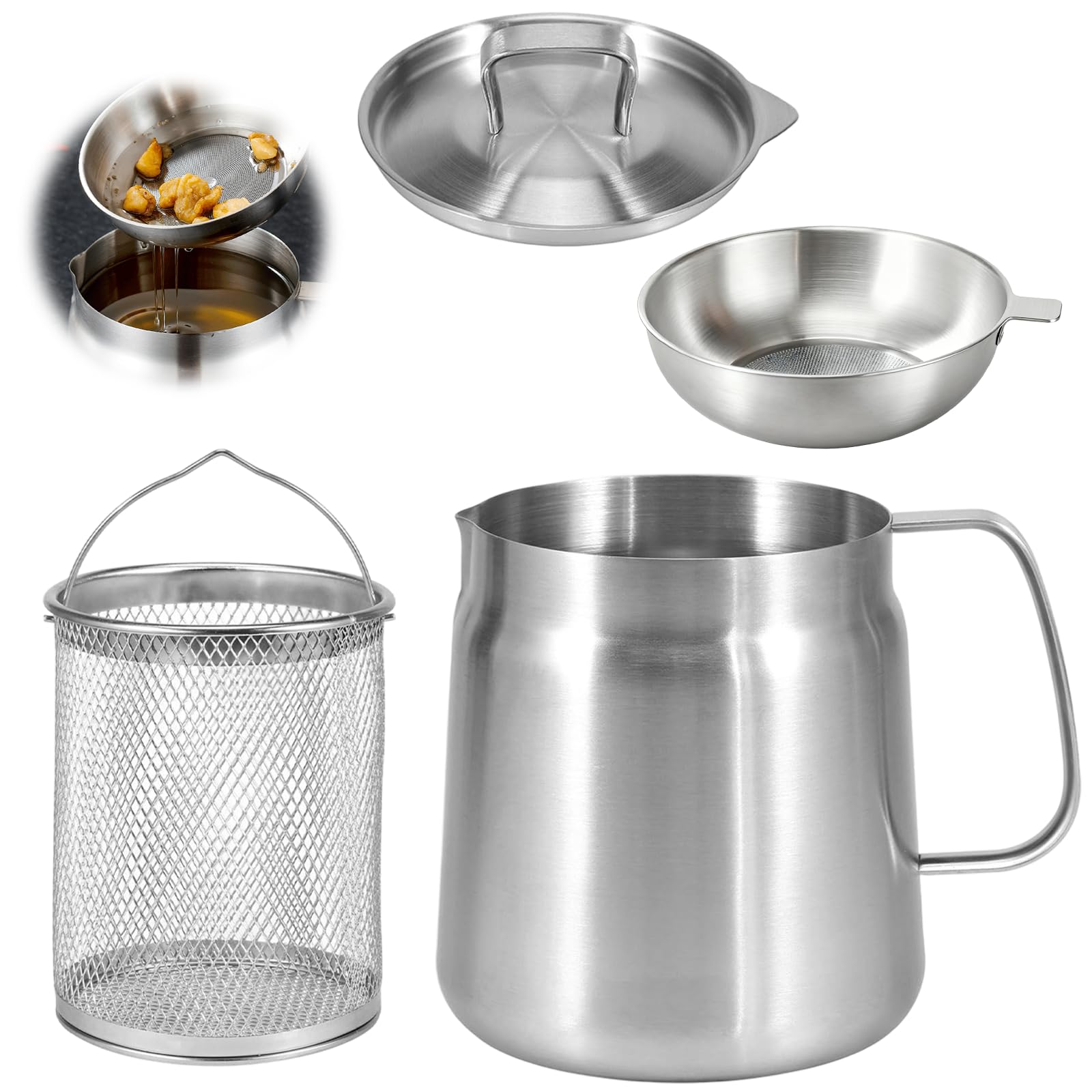 Passoire pour friteuse, pot de filtre à huile en acier inoxydable 304 avec panier filtrant, couvercle anti-poussière et plateau antidérapant avec poignée, récipient à graisse bacon, réservoir de