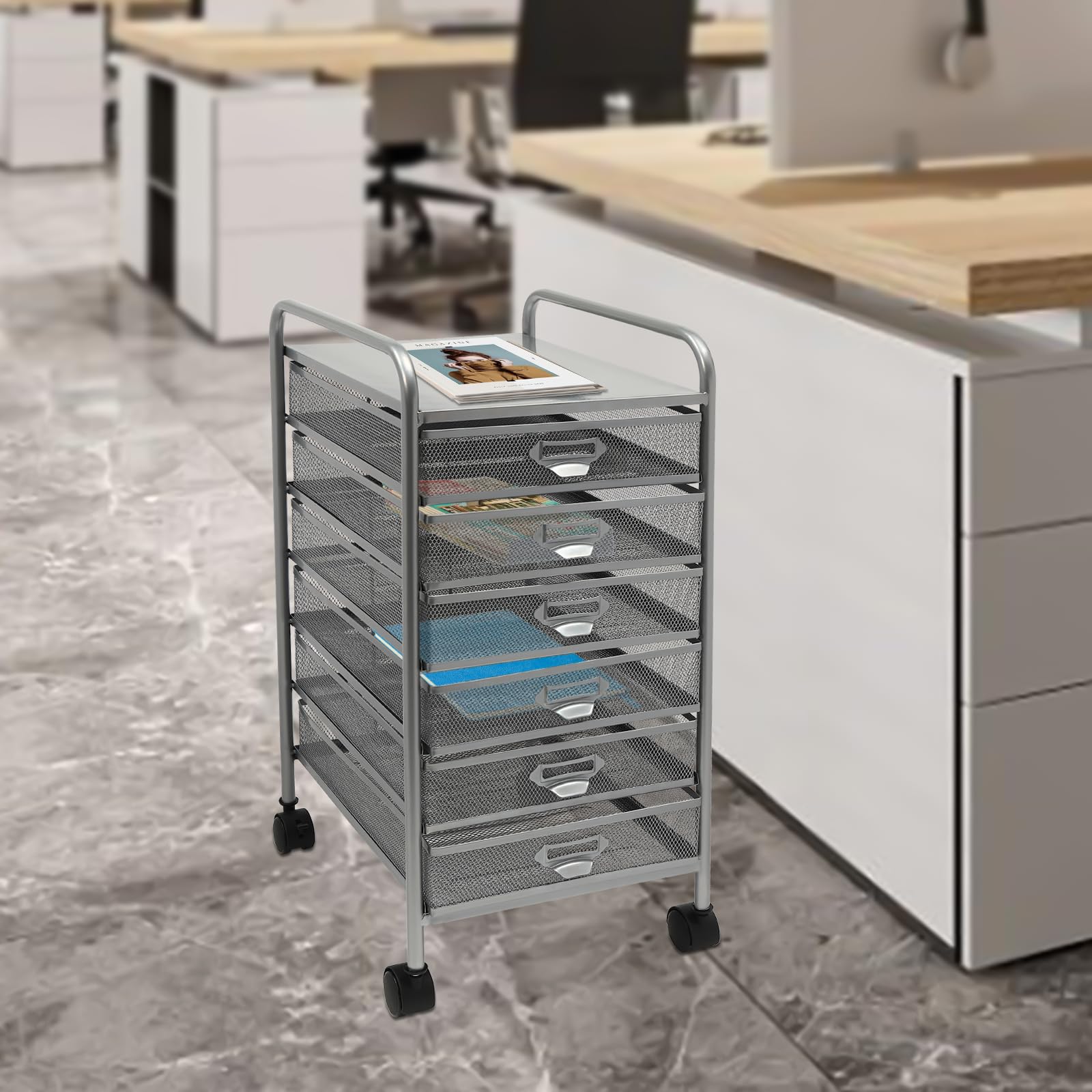 Archivador rodante con 5 o 6 cajones, Organizador de Manualidades con Ruedas, Almacenamiento Delgado para Maquillaje y Utensilios de Cocina (Plateado, 6 Niveles)