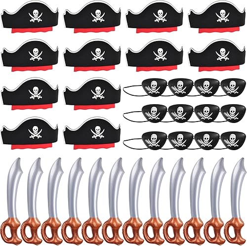 ZeeDix Juego de 36 sombreros de pirata, recuerdos de fiesta pirata, 12 sombreros, 12 espadas inflables, 12 parches de ojos para adultos, suministros