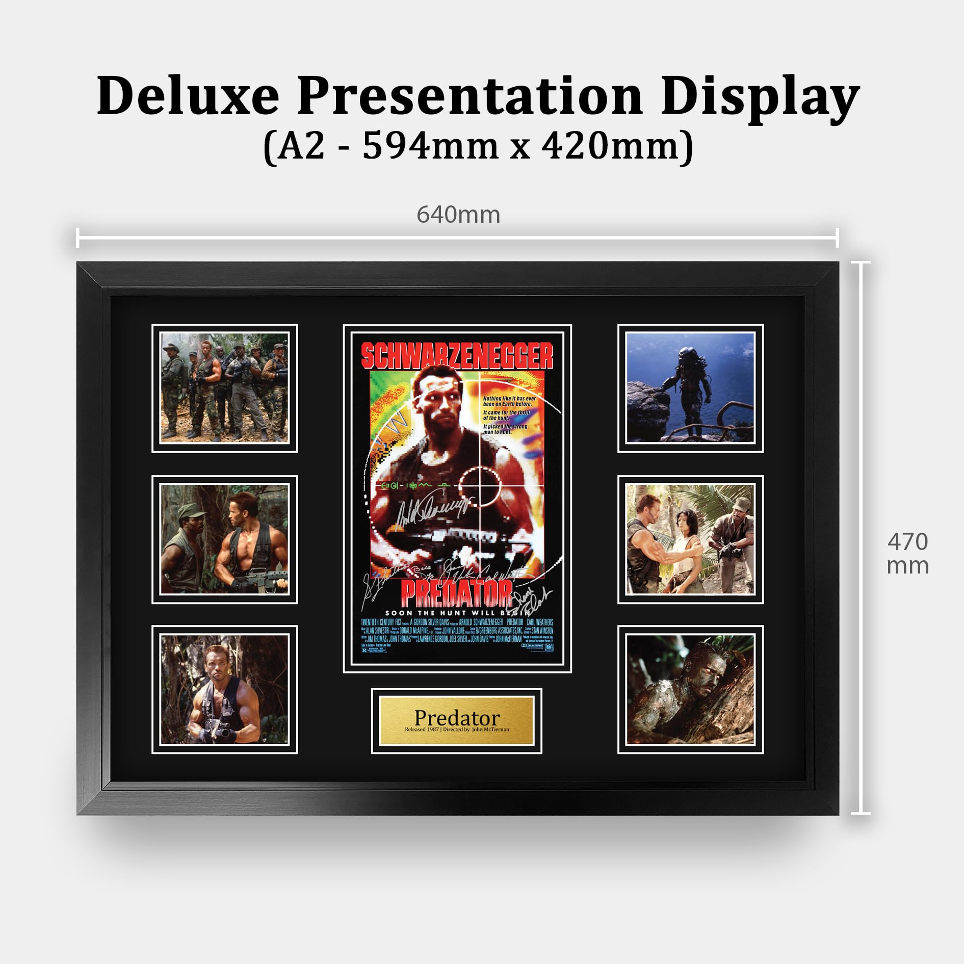 HWC Trading Predator Arnold Schwarzenegger Geschenke Geducktes Signiertes Autogramm Foto für Fans von Film Memorabilien - A2 Gerahmt (ID-006549)