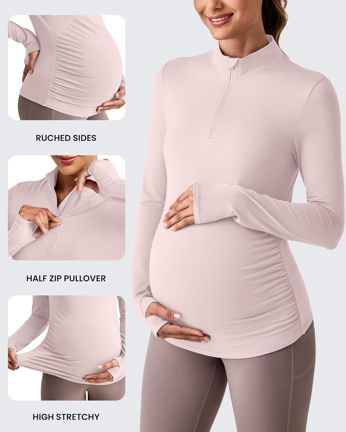 G4Free Maternity Tops for Women Long Sleeve Workout UV Pregnancy Rash Guard Thumb Holes Stretchy Slim Fit Active Shirts(Smoky Blush,XS) - Image 4