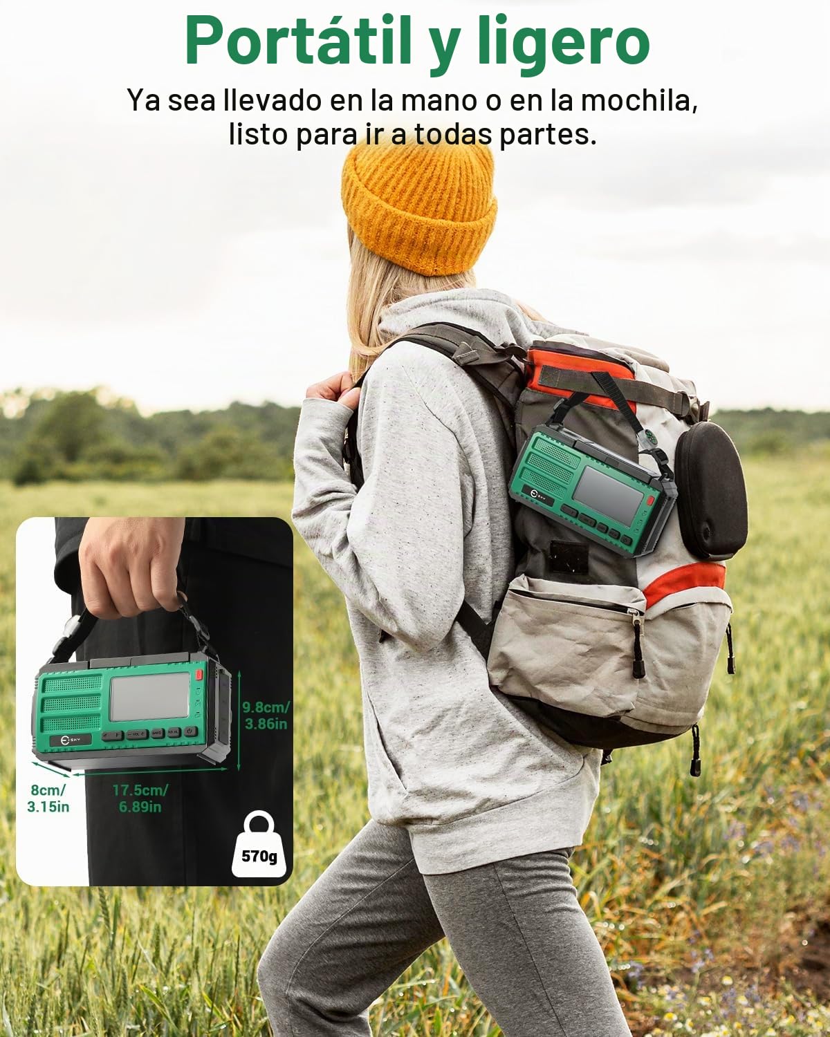 Esky Radio Solar 10000mAh, Radio de Emergencia Portátil con Manivela AM/FM/NOAA con Powerbank, Linterna LED, Luz de Lectura, SOS y Brújula, Recargable por USB, Solar o Manivela para Camping y Apagones