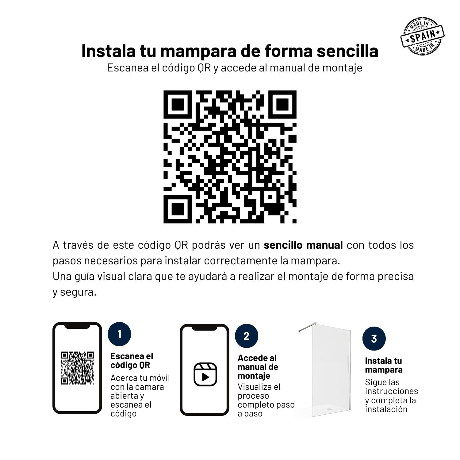 Mampara de Ducha Fija Medidas (88,5 a 90) x 195 cm | Frontal, 1 Hoja Fija, Reversible, Ancho Ajustable, Vidrio 6 mm, Antical, Barra Estabilizadora, SERIE 100A, Cromo