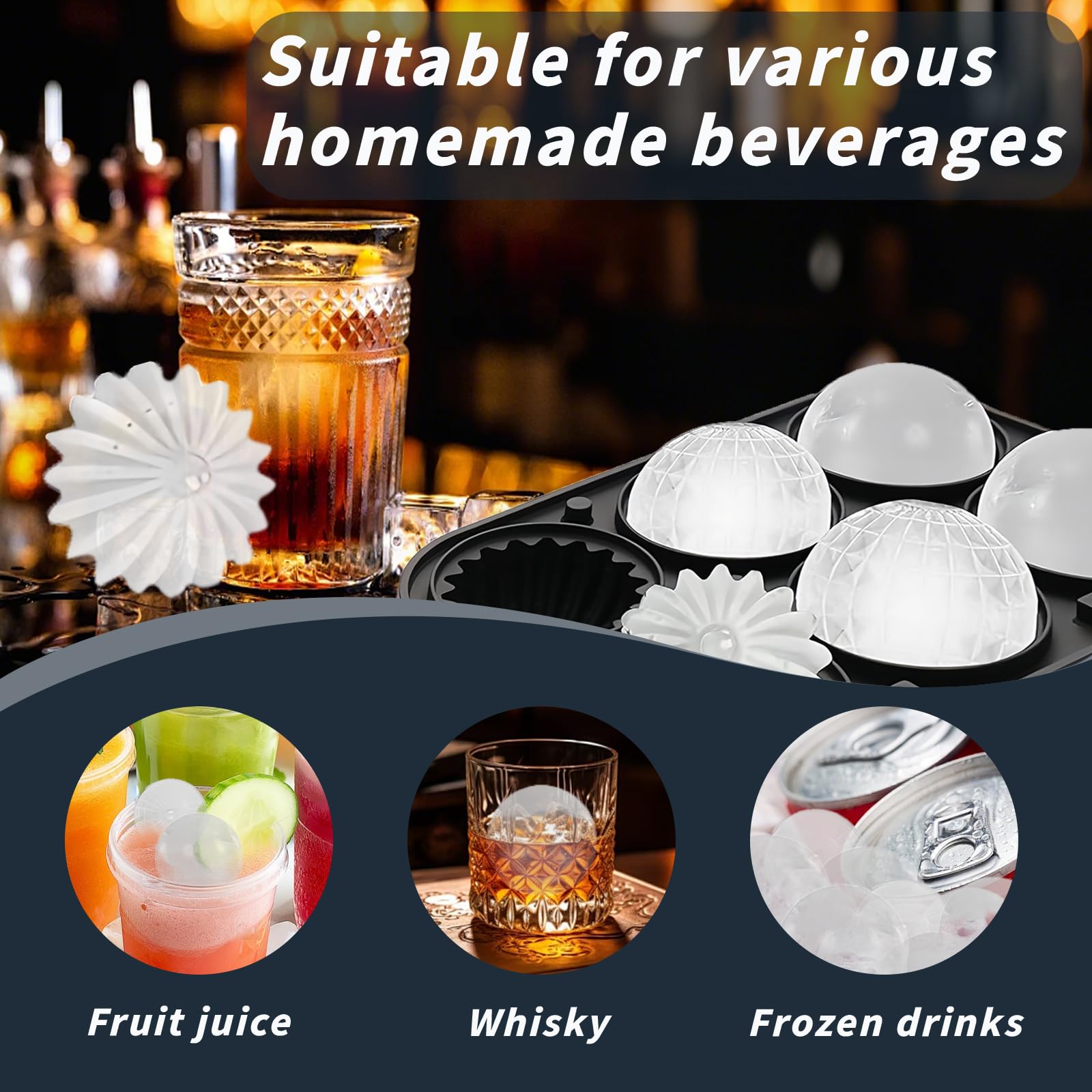 FainFun - Stampo per cubetti di ghiaccio 3D in silicone, grande con coperchio, riutilizzabile, per ghiaccio, whisky, cocktail, succo di frutta (1, grigio 6