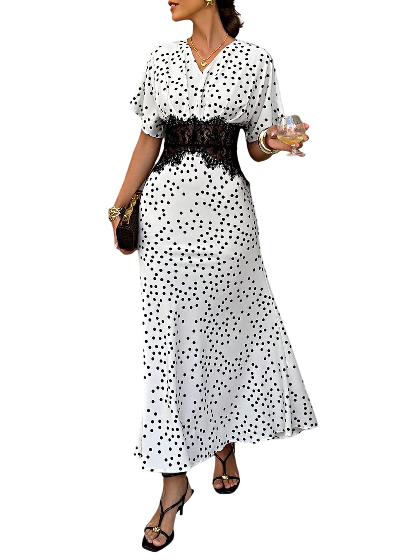 SweatyRocks Damen Kleid V Ausschnitt Maxikleid mit Polka Dots Muster Rüschenärmel Sommerkleid mit Spitze A Linien Cocktailkleid