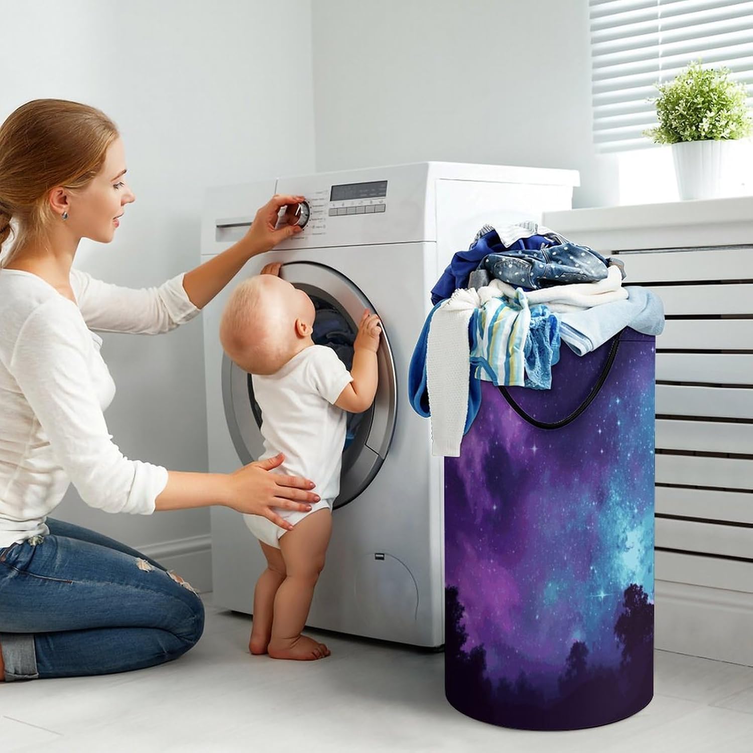Purple Starry SkyLaundry Hamper - Large Dirty Clothes Bag.Storage Basket for Easy Carry Handles. Large Clothes Basket with Handles, Clothing Storage Bucket Toy Organizer for Bathroom Bedroom Dorm.